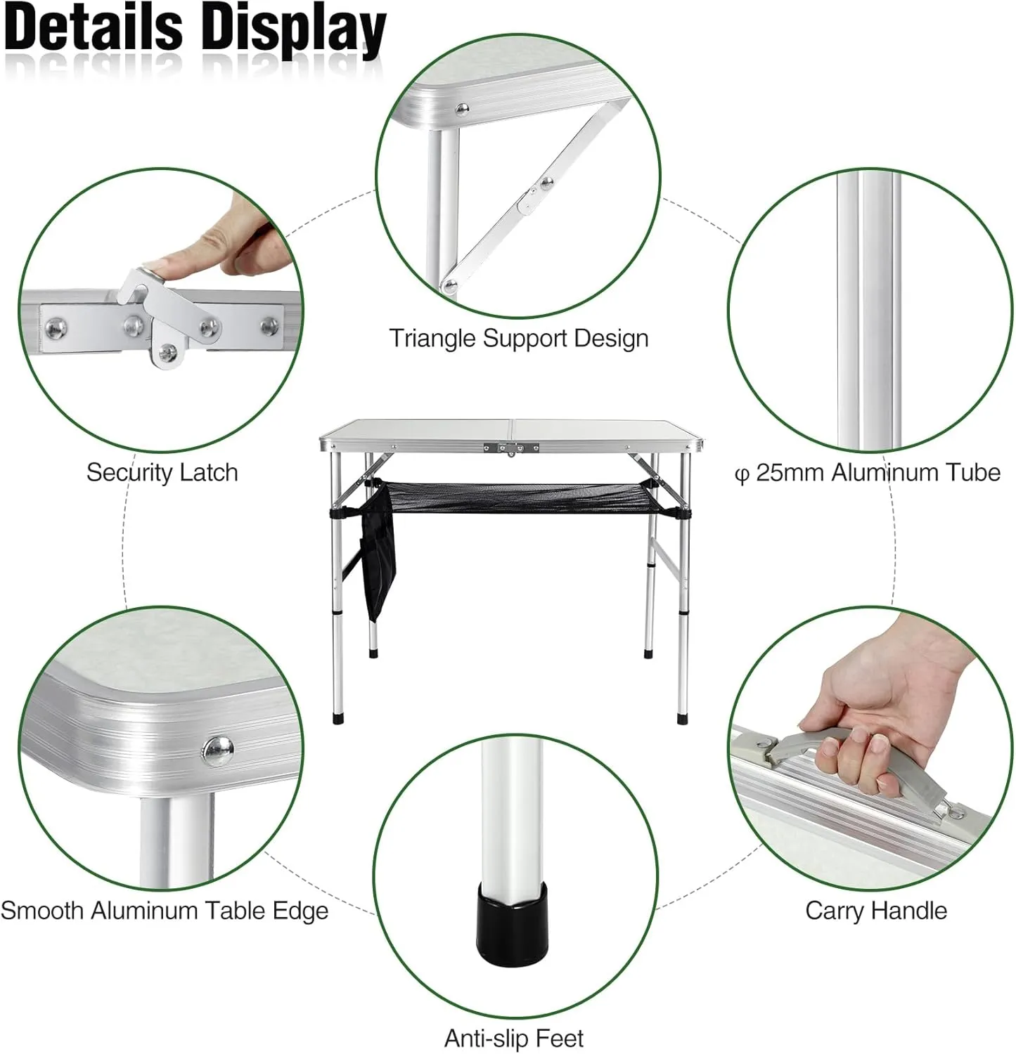 RedSwing Folding Table 3 Feet Adjustable Height, Lightweight and Portable Aluminum Hexagonal Legs Camping Table with Mesh Layer, 36 x 24 x 28 Inches