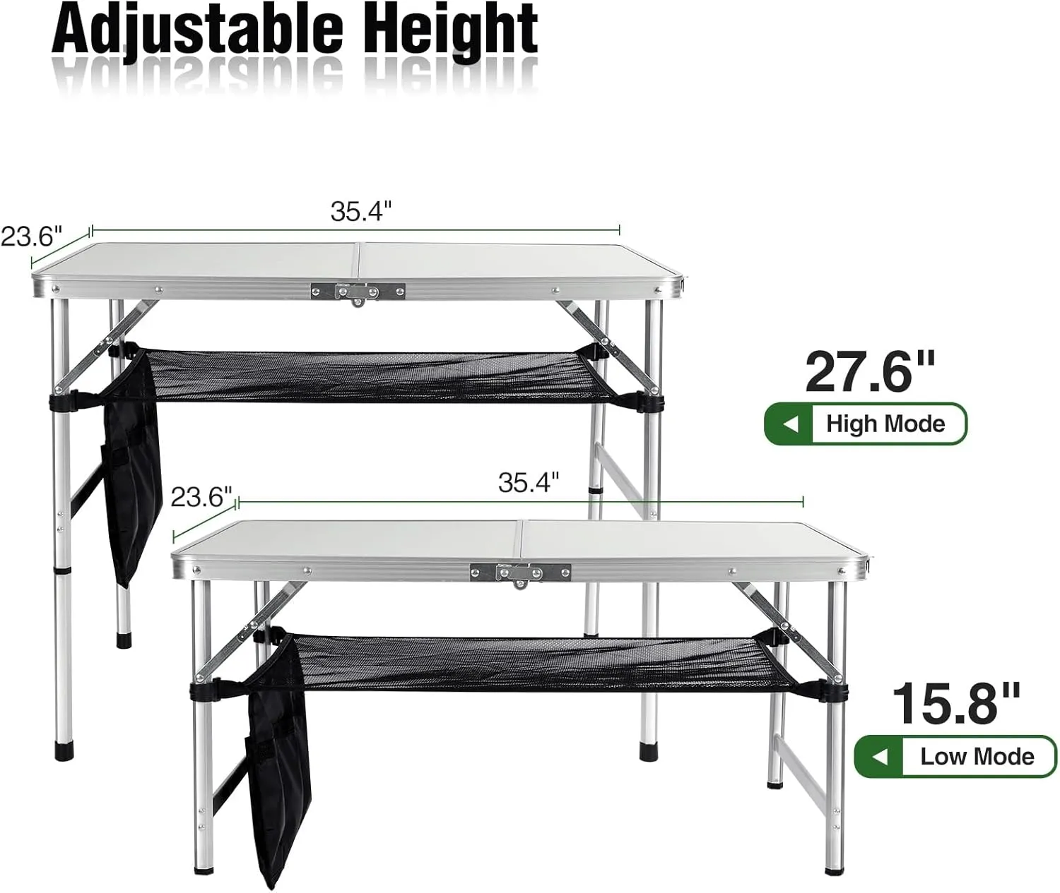 RedSwing Folding Table 3 Feet Adjustable Height, Lightweight and Portable Aluminum Hexagonal Legs Camping Table with Mesh Layer, 36 x 24 x 28 Inches