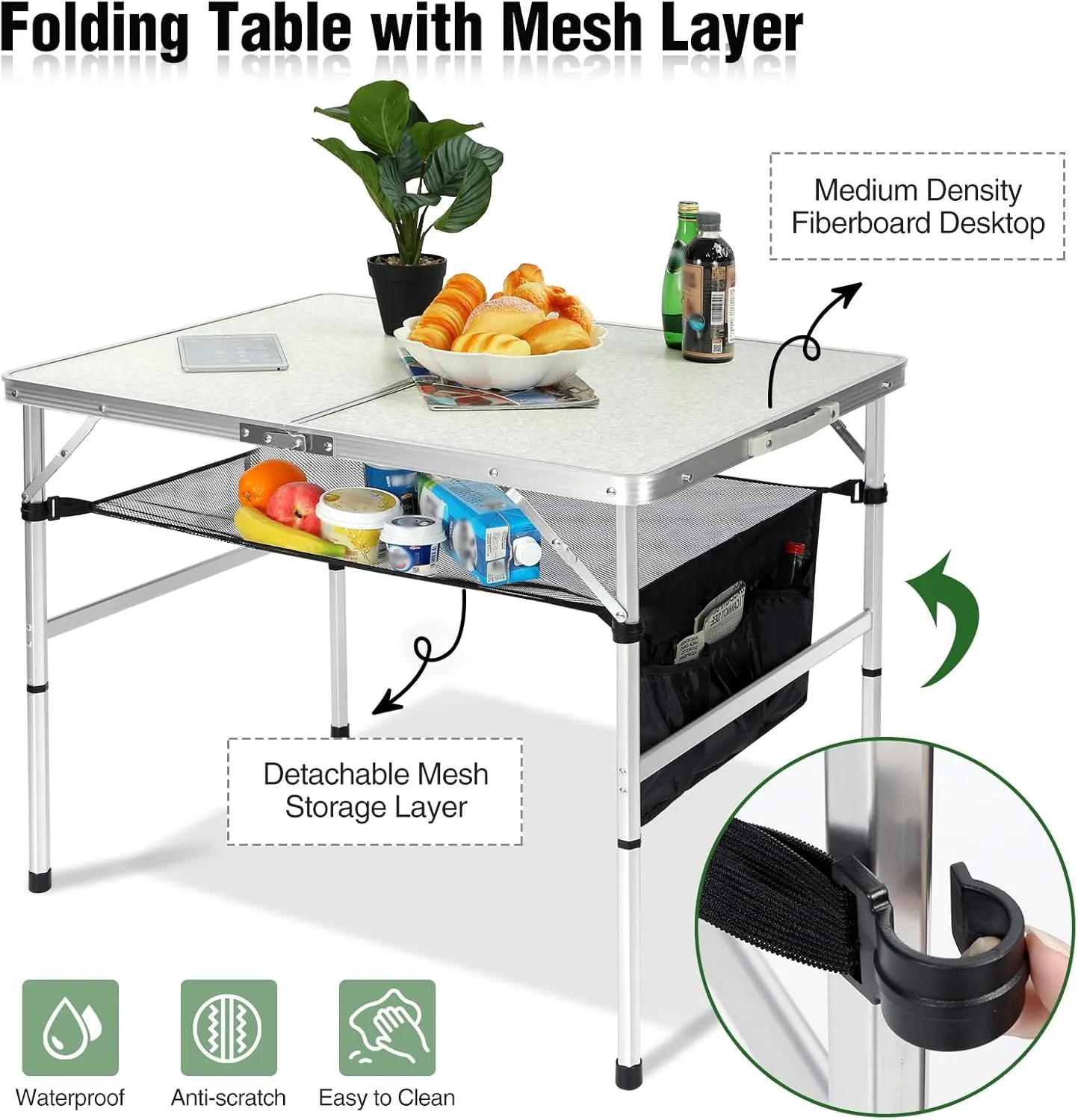 RedSwing Folding Table 3 Feet Adjustable Height, Lightweight and Portable Aluminum Hexagonal Legs Camping Table with Mesh Layer, 36 x 24 x 28 Inches