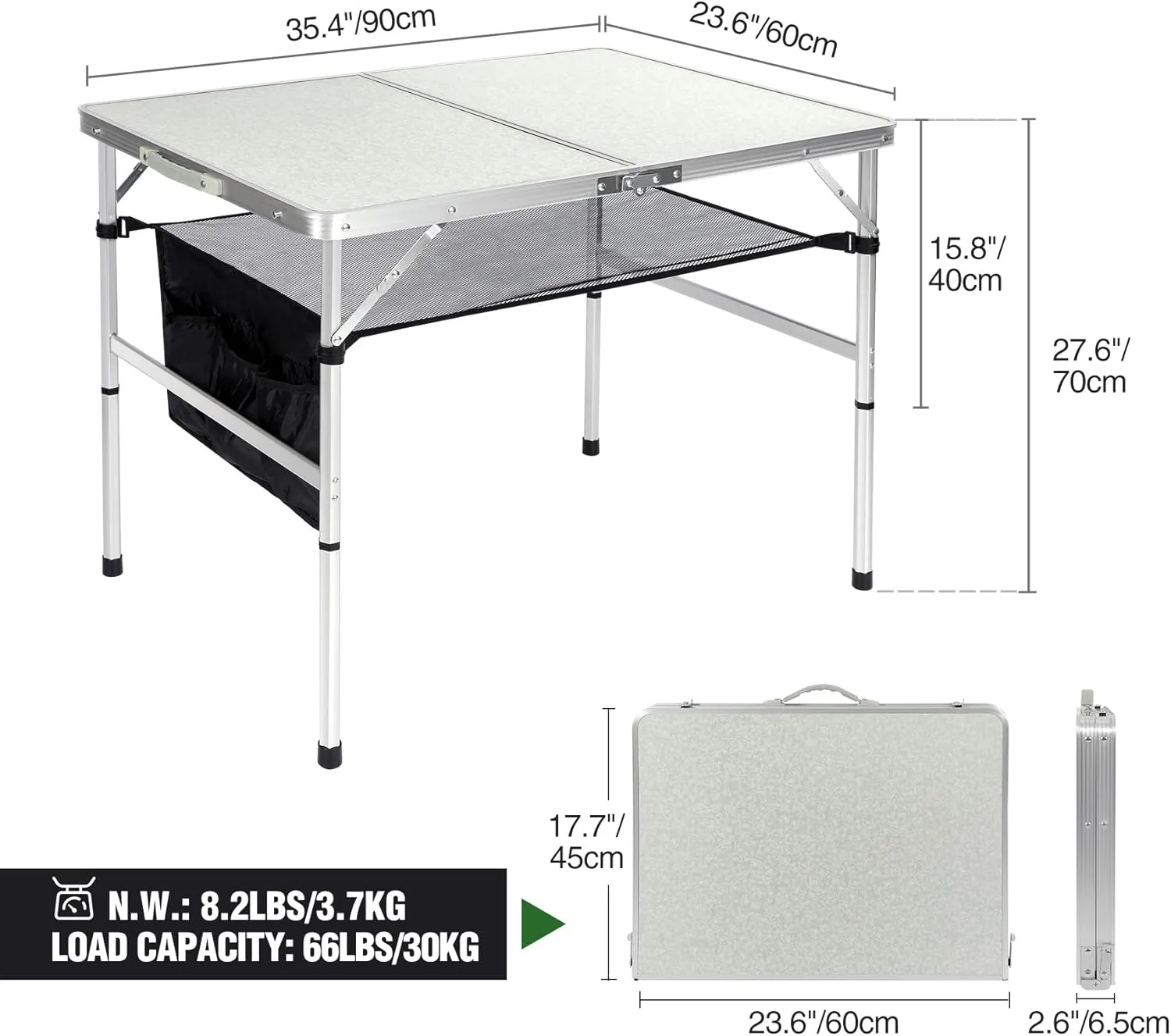 RedSwing Folding Table 3 Feet Adjustable Height, Lightweight and Portable Aluminum Hexagonal Legs Camping Table with Mesh Layer, 36 x 24 x 28 Inches