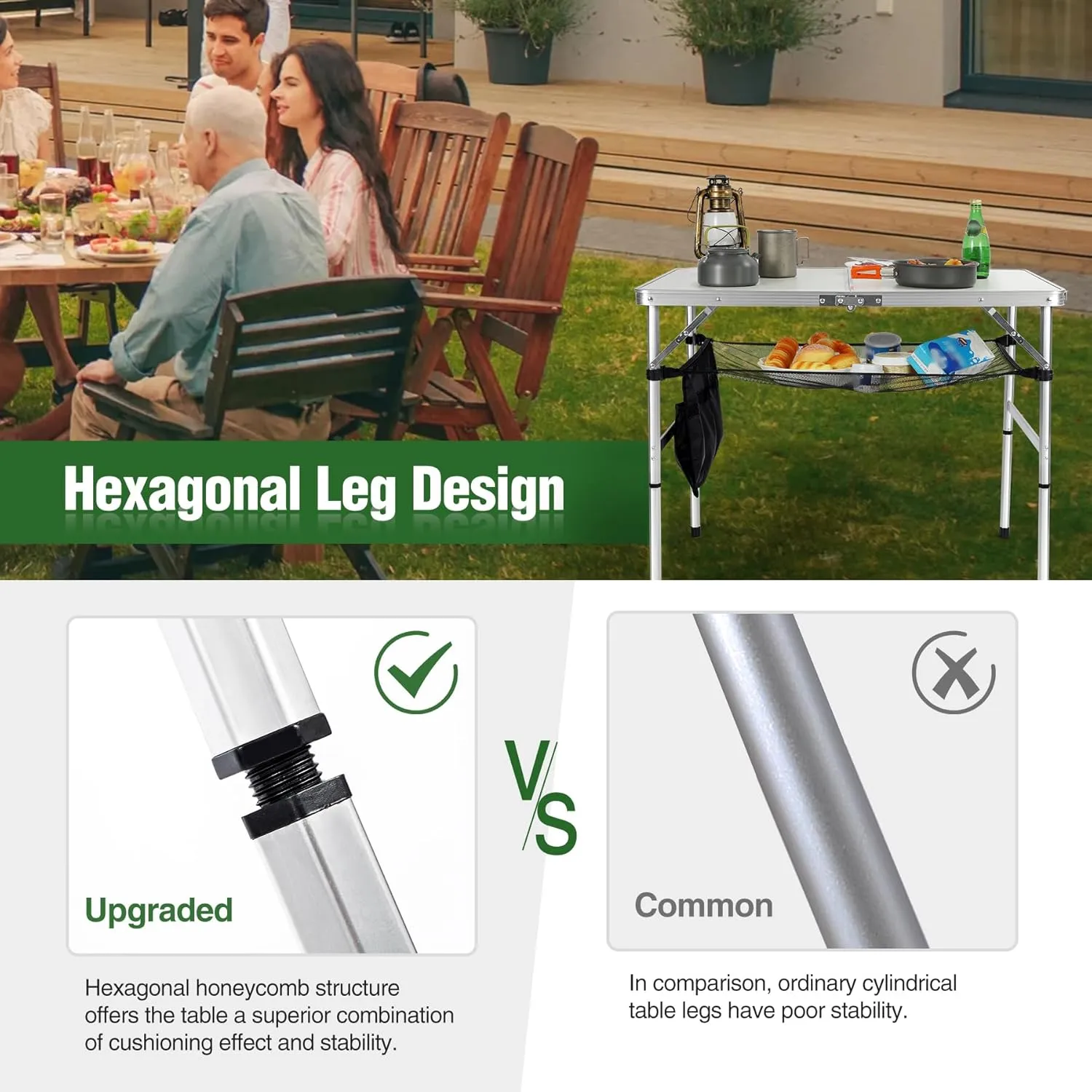 RedSwing Folding Table 3 Feet Adjustable Height, Lightweight and Portable Aluminum Hexagonal Legs Camping Table with Mesh Layer, 36 x 24 x 28 Inches