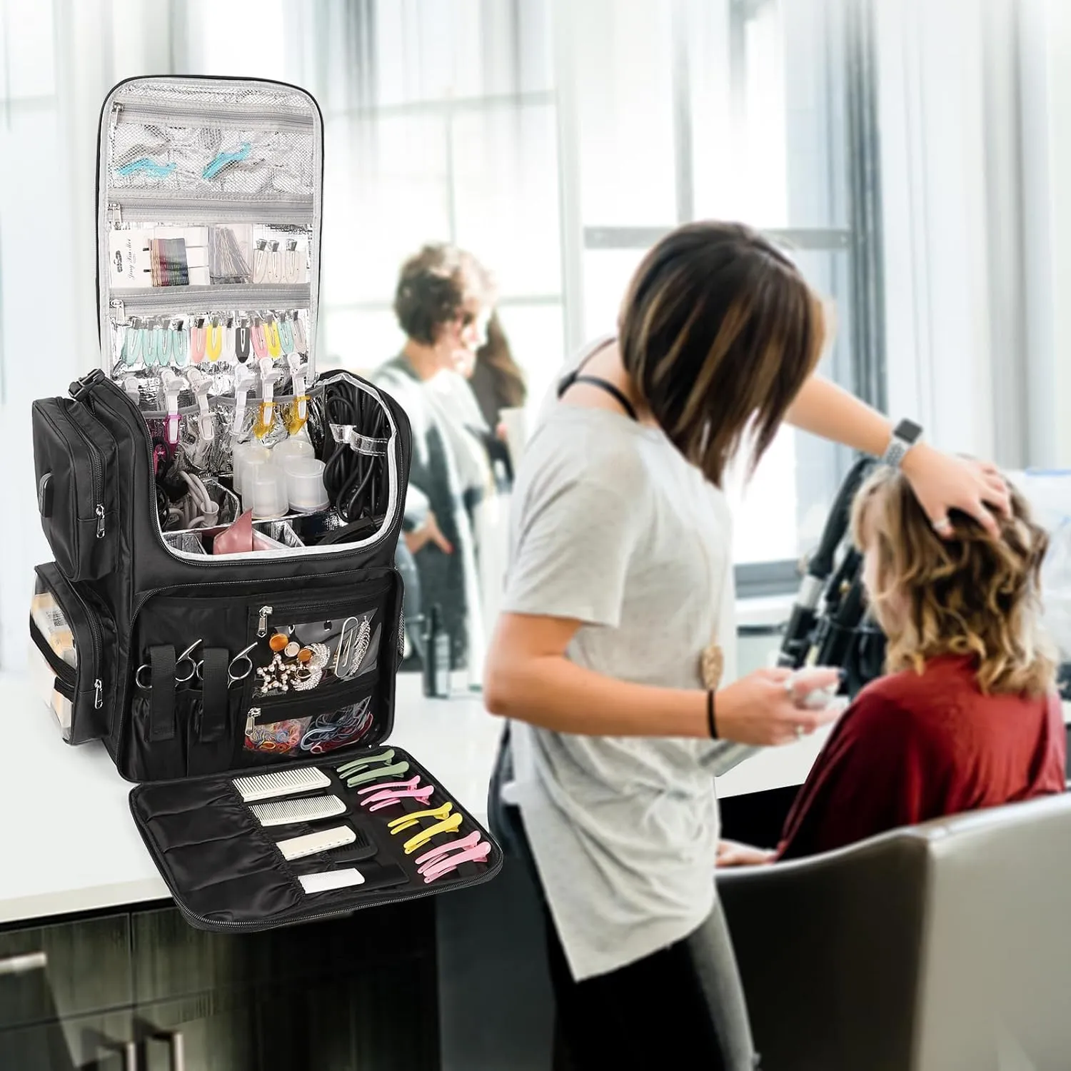 Relavel Hair Tools Travel Bag with 6 Pcs Clear Bags, Hair Stylist Backpack Hairdresser Cosmetology Bag, Heat Insulation Full Layer for Curling Iron, Hair Straightener, Travel Accessories Train Case