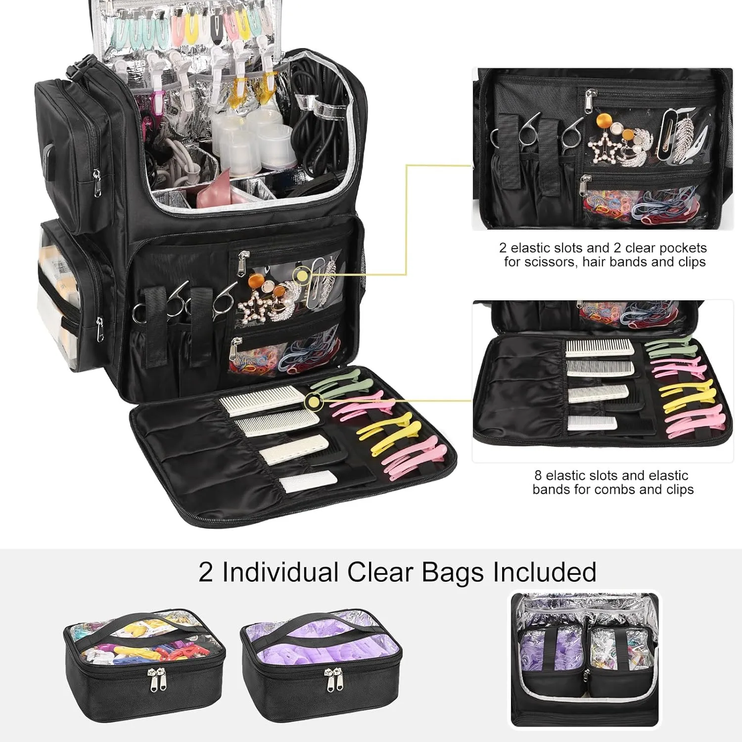 Relavel Hair Tools Travel Bag with 6 Pcs Clear Bags, Hair Stylist Backpack Hairdresser Cosmetology Bag, Heat Insulation Full Layer for Curling Iron, Hair Straightener, Travel Accessories Train Case