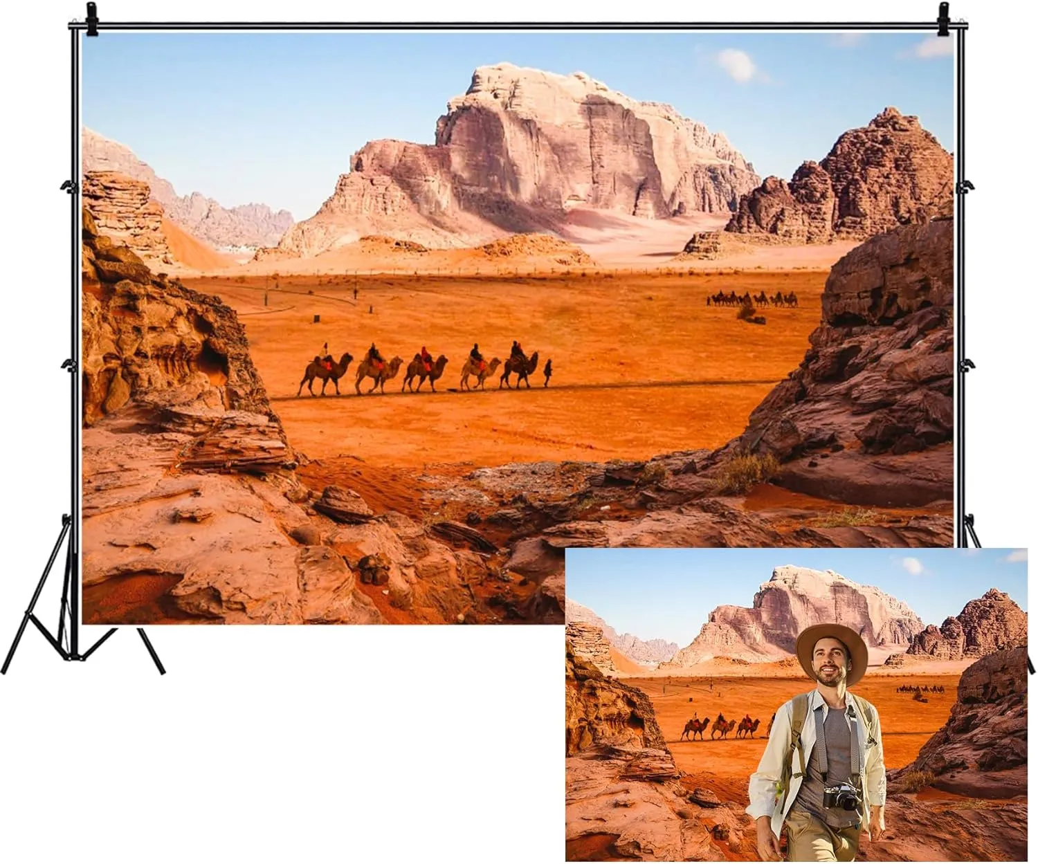 Renaiss 7x5ft Desert Scenery Backdrop for Photography Camels Walk in Wasteland Gobi Magnificent Natural Landscape Background Desert Sand Party Decorations Cowboy Portrait Photo Booth Props Vinyl