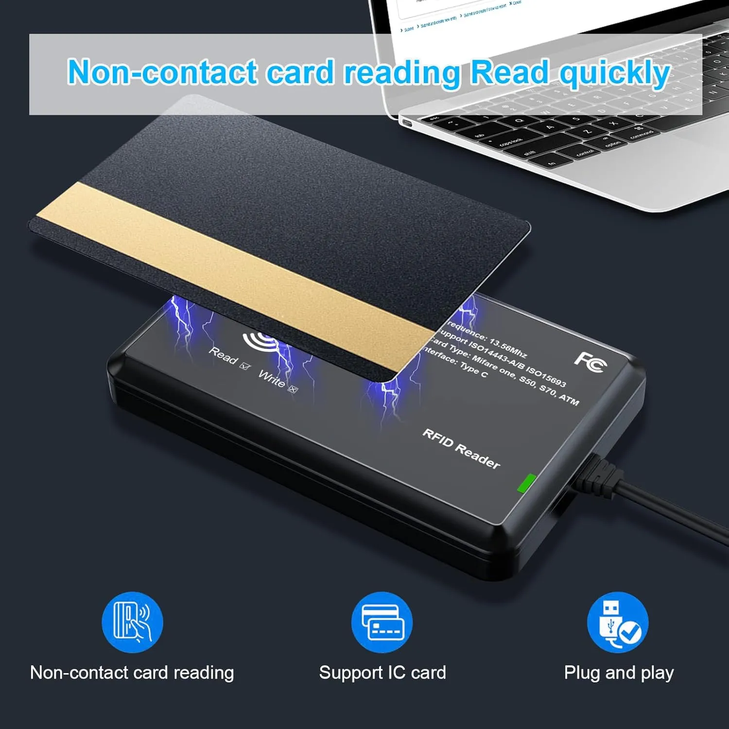 RFID Card Reader 13.56Mhz Mifare Reader Support ISO14443-A/B Protocol, IC Card Protocol Contactless Card IC Reader Compatible with iPhone Android Mac OS (Type C Port)