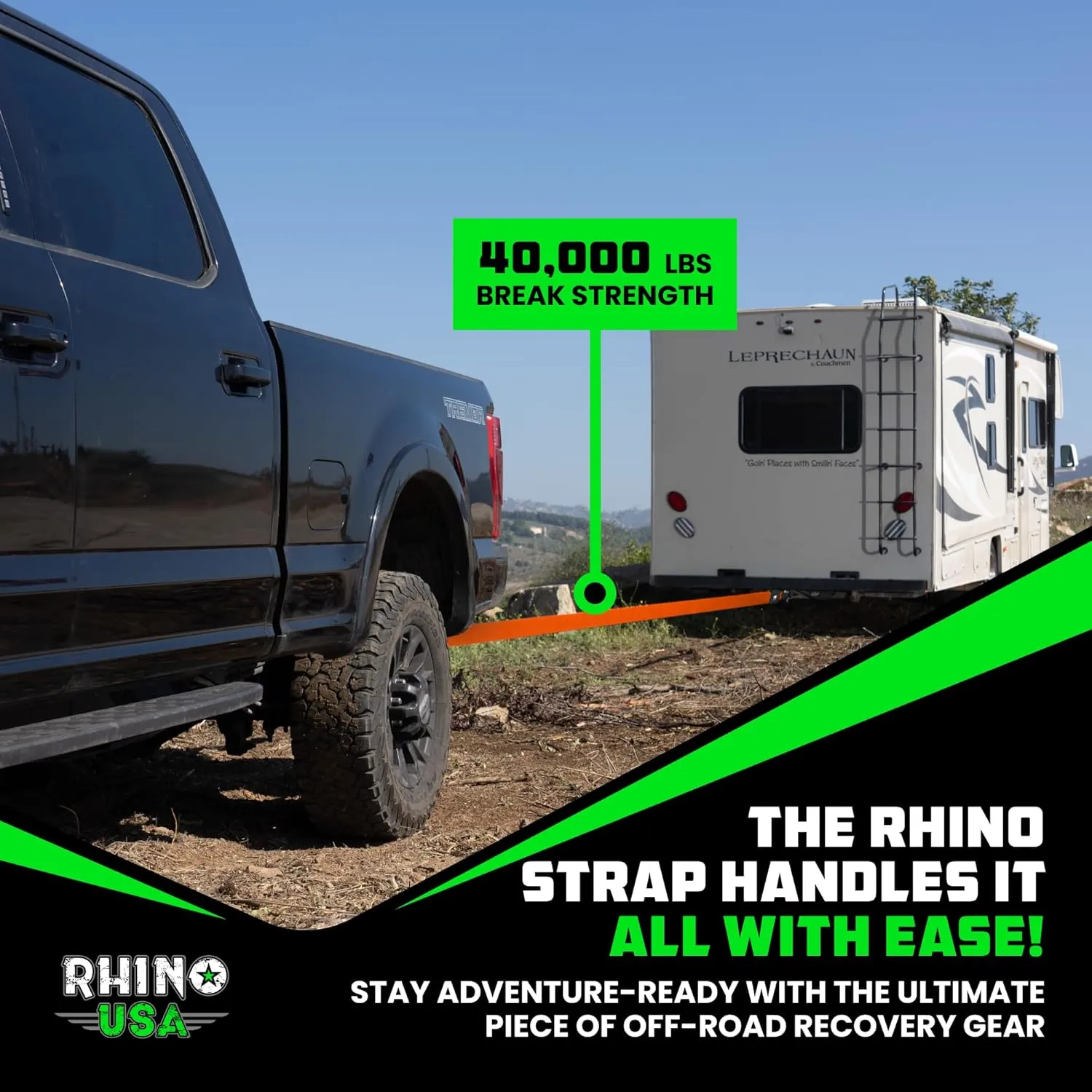 Rhino USA Recovery Tow Strap (4"x30') - 40,320lb Break Strength - Emergency Recovery Strap Tow Rope for Diesel Trucks, Backhoe, Excavators & More - Heavy Duty Towing Strap for Offroad 4x4 Use (Orange)