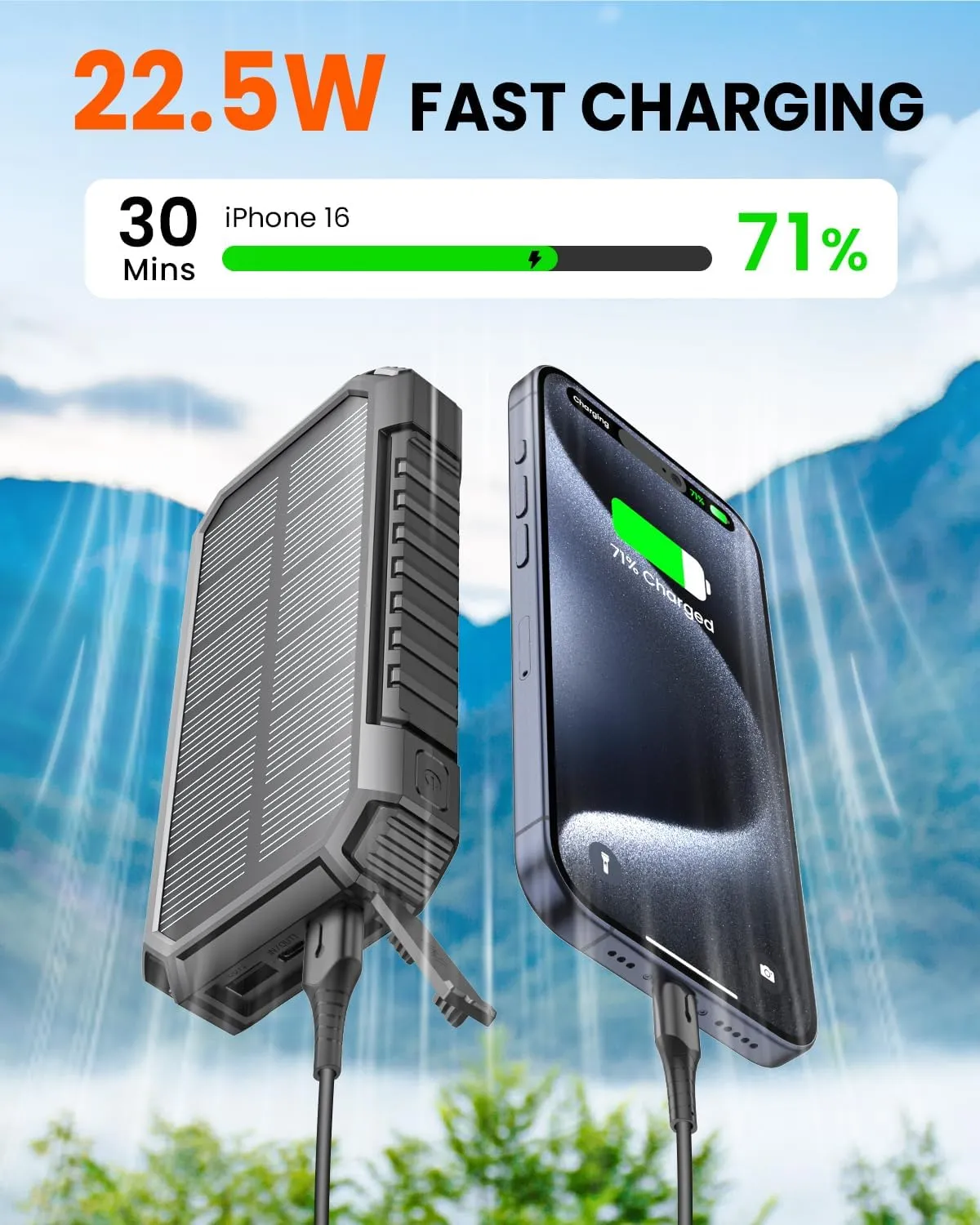 Riapow Solar Charger Power Bank, 27000mAh Wireless Portable Charger Built-in Cables, 22.5W Fast Charging Battery Bank with USB C in/Output, PD QC 3.0 Battery Pack Flashlights Outdoor (Black)