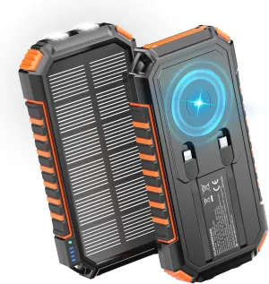 Riapow Solar Charger Power Bank: 27000mAh Wireless Portable Charger Built-in Cables - 22.5W Fast Charging Battery Bank with USB C - PD QC3.0 External Battery Pack for Phone - 2 Flashlights for Outdoor