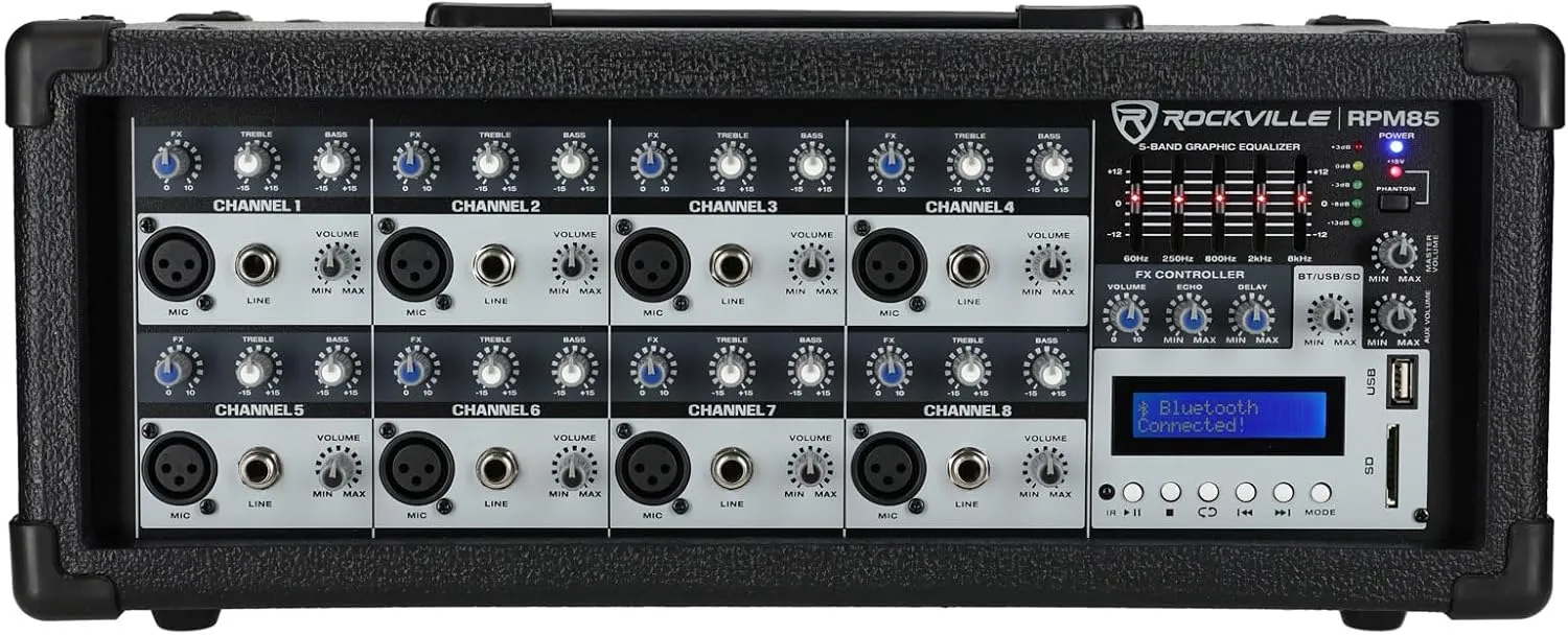 Rockville RPM85 2400w Powered 8 Channel Mixer, USB, 5 Band EQ, Effects/Bluetooth