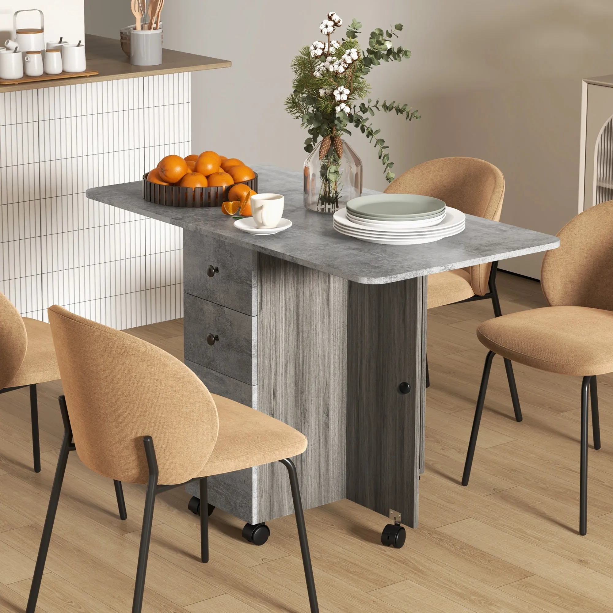 Rootz Folding Kitchen Table - Collapsible Dining Table - Space-Saving Table - 2 Folding Tops, 2 Drawers, Cupboard - 120x60x76.5 cm - Grey