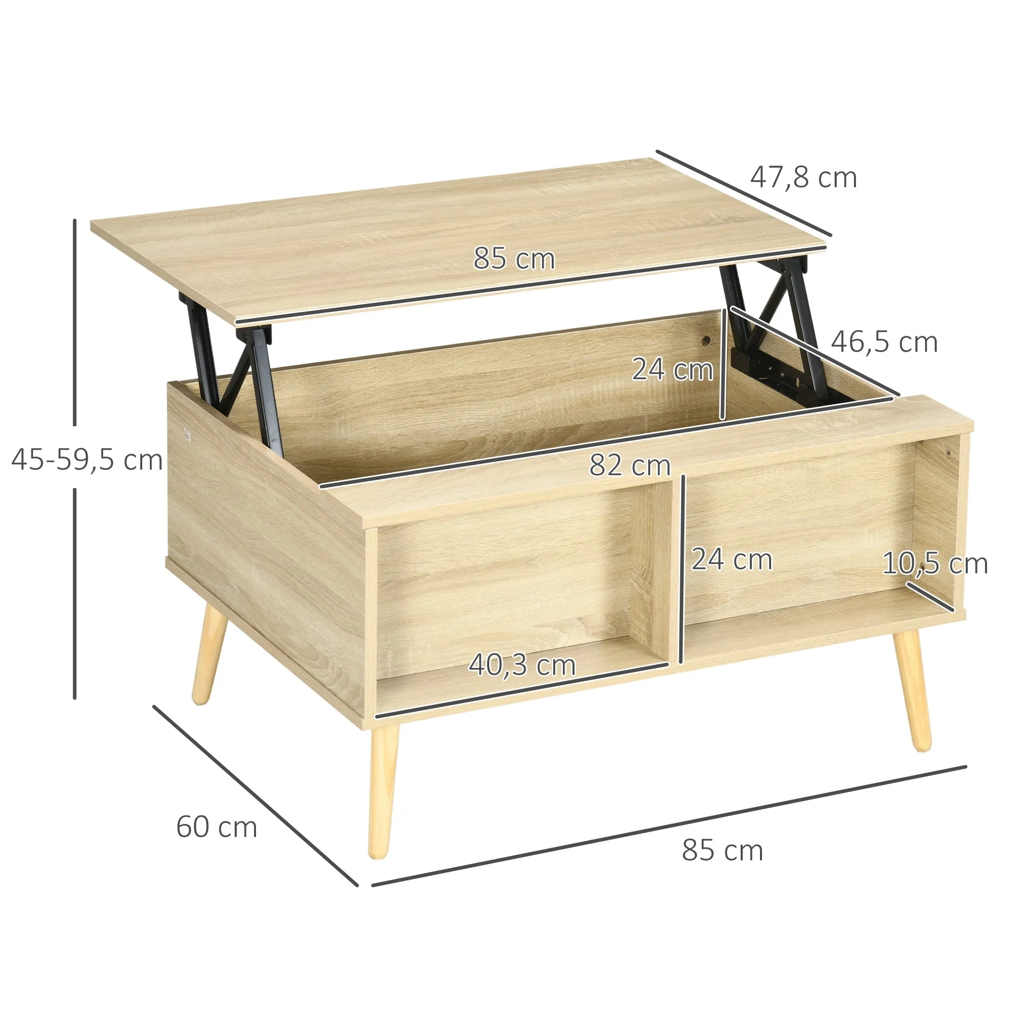 Rootz Rectangular Coffee Table - Living Room Table - Folding Tray Table - Practical Storage Space - 85L x 60W x 59.5H cm Light Wood Look