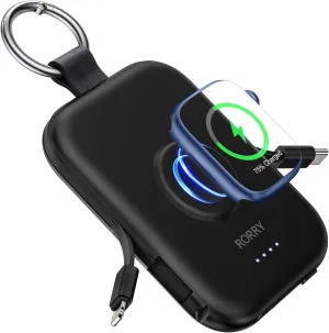 RORRY Portable Charger, 5000mAh Portable Charger Power Bank with Built-in Cables, Travel Keychain Battery Pack for Apple Watch Ultra 2/9/8/Ultra/7/6/SE/5, iPhone 16/15/14/13/12, Black