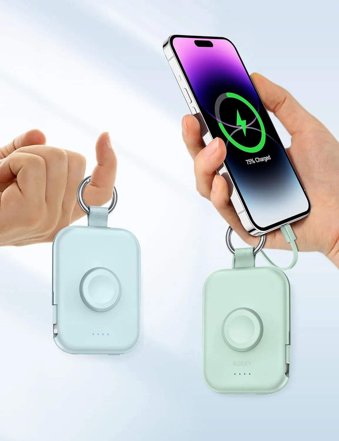 RORRY Portable Charger, 5000mAh Portable Charger Power Bank with Built-in Cables, Travel Keychain Battery Pack for Apple Watch Ultra 2/9/8/Ultra/7/6/SE/5, iPhone 16/15/14/13/12, Purple