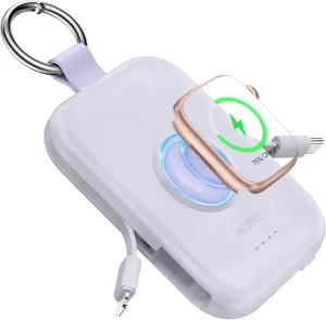 RORRY Portable Charger, 5000mAh Portable Charger Power Bank with Built-in Cables, Travel Keychain Battery Pack for Apple Watch Ultra 2/9/8/Ultra/7/6/SE/5, iPhone 16/15/14/13/12, Purple