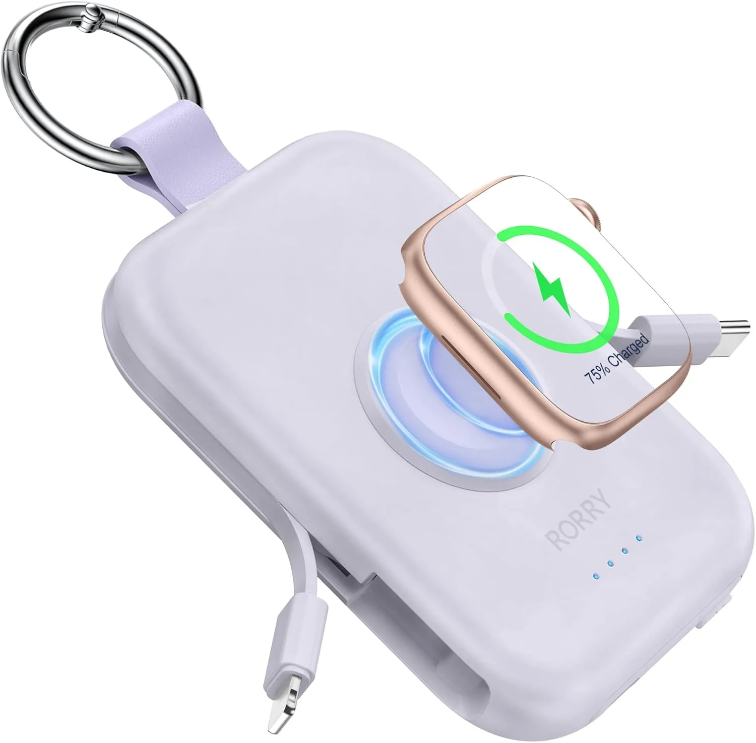 RORRY Portable Charger, 5000mAh Portable Charger Power Bank with Built-in Cables, Travel Keychain Battery Pack for Apple Watch Ultra 2/9/8/Ultra/7/6/SE/5, iPhone 16/15/14/13/12, Purple