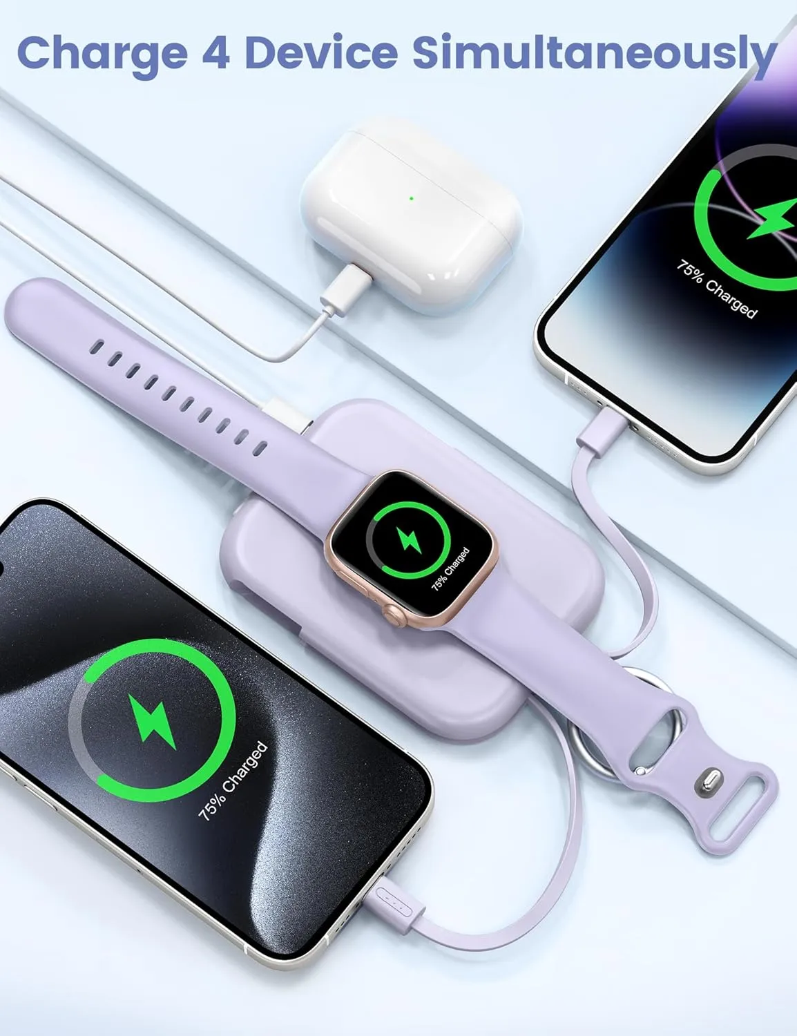 RORRY Portable Charger, 5000mAh Portable Charger Power Bank with Built-in Cables, Travel Keychain Battery Pack for Apple Watch Ultra 2/9/8/Ultra/7/6/SE/5, iPhone 16/15/14/13/12, Purple