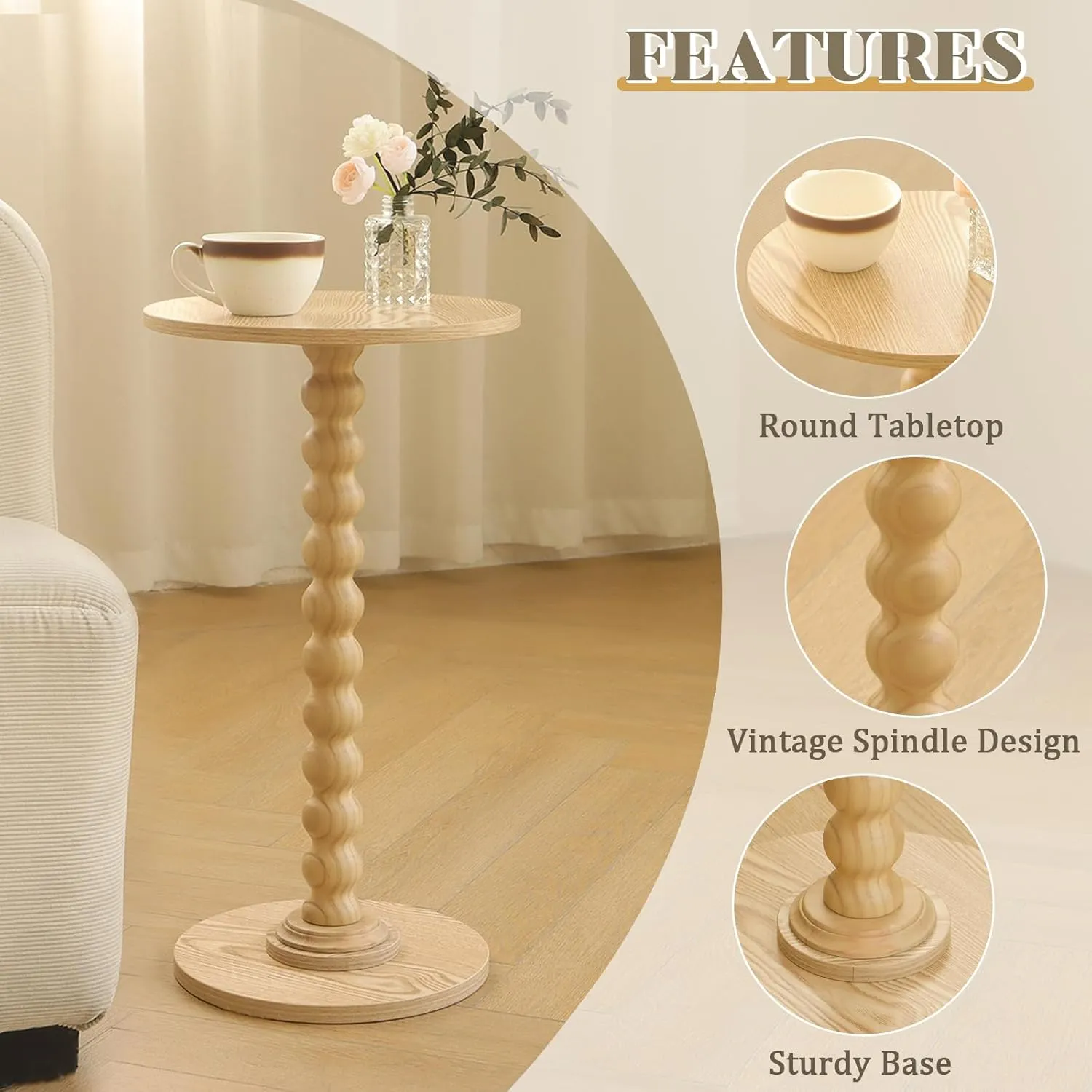 Round Side Table, Small Drink Table for Small Spaces, Modern Accent End Table Coffee Table with Solid Wood Leg for Living Room, Bedroom, Corners, and Office (Natural)