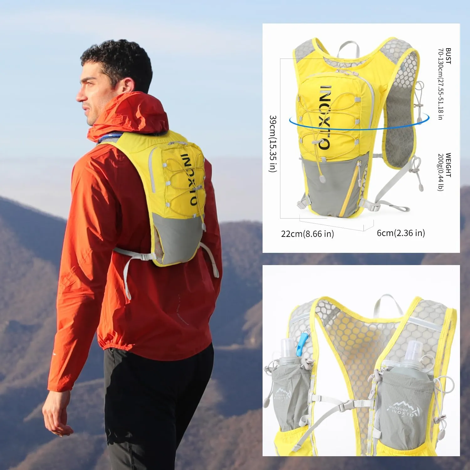 Running Vest for Women Men, Adjustable Chest Straps Running Hydration Vest with 500ml Soft Flask, Lightweight Breathable Reflective Hydration Backpack for Hiking