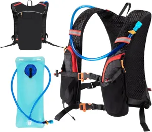 Running Vest Hydration Backpack with 2L Water Bladder, Ideal for Men and Women in Cycling, Hiking, and Outdoor Activities Lightweight Breathable Mesh, Adjustable Straps, Night Reflective Tech Black