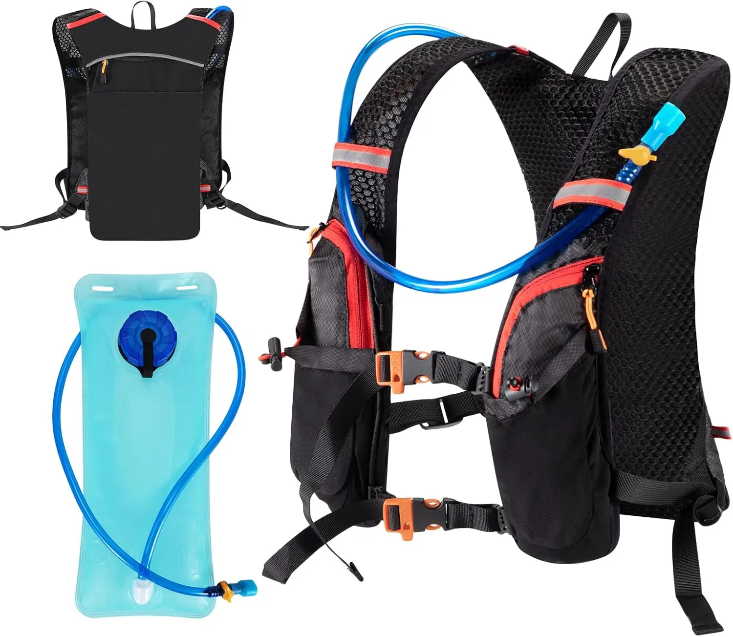 Running Vest Hydration Backpack with 2L Water Bladder, Ideal for Men and Women in Cycling, Hiking, and Outdoor Activities Lightweight Breathable Mesh, Adjustable Straps, Night Reflective Tech Black