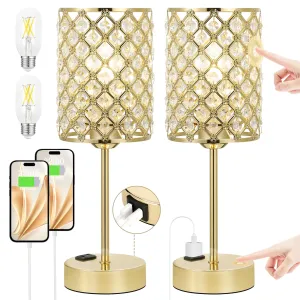 Rynx | Touch Control Crystal Table Lamp - Dimmable Nightstand Lamp With Usb-C A & Ac Charging Ports, 3-Way Usb Gold Lamp, Bedside Desk Lamp
