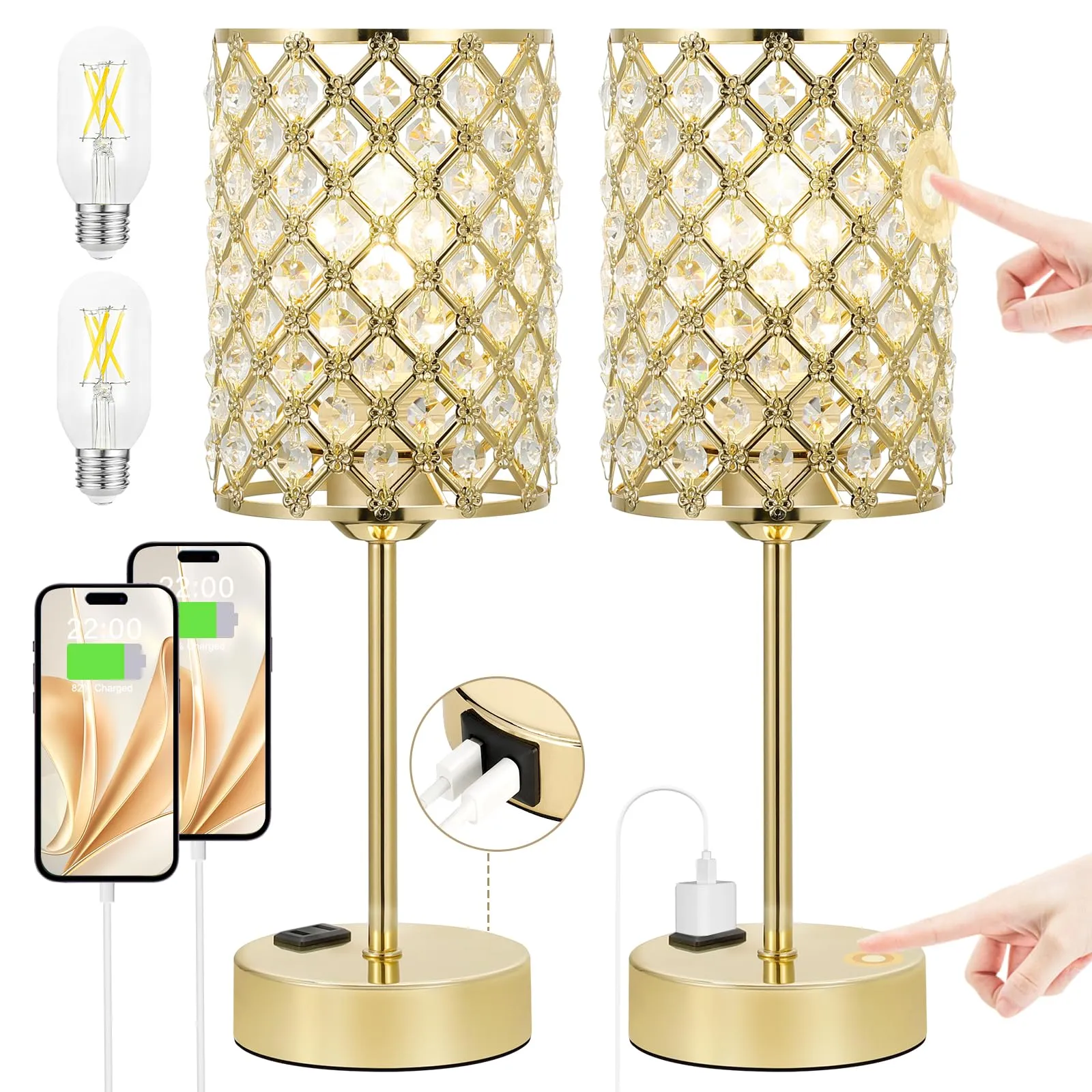 Rynx | Touch Control Crystal Table Lamp - Dimmable Nightstand Lamp With Usb-C A & Ac Charging Ports, 3-Way Usb Gold Lamp, Bedside Desk Lamp