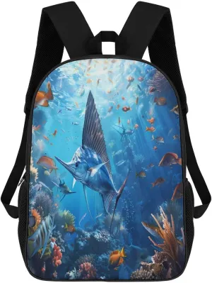 Sailfish Coral Reefs Casual Travel Backpack 17 Inch Large Shoulders Daypack Large Capacity Laptop Bag for Men Women