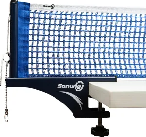 Sanung S405 Table Tennis Net and Post Set, Thickened Folding Ping Pong Table Net and Post Kit with Bead Chain Measuring Ruler for Any Standard Table Indoor Outdoor, Blue