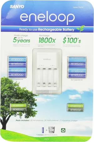 Sanyo Eneloop Ni-MH Charger & Battery Pack (8x AA, 4x AAA) (3rd Gen, 1800x recharge cycles)