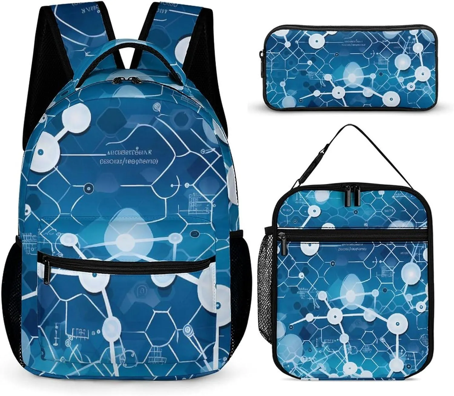 Science Chemistry Molecular Structure 3Pcs Backpack Set Print Laptop Backpack with Lunch Bag and Pencil Case