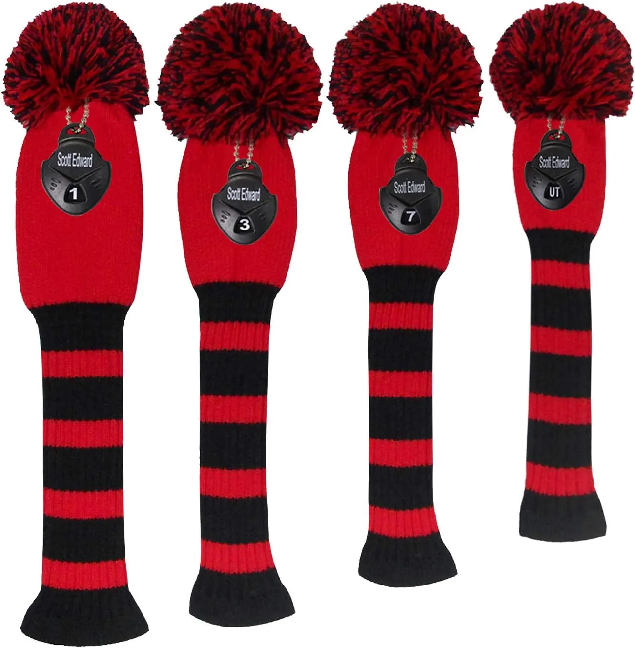 Scott Edward Golf Club Head Covers Set of 4, Acrylic Yarn Double-Layers Knitted, with Rotatable Number Tags