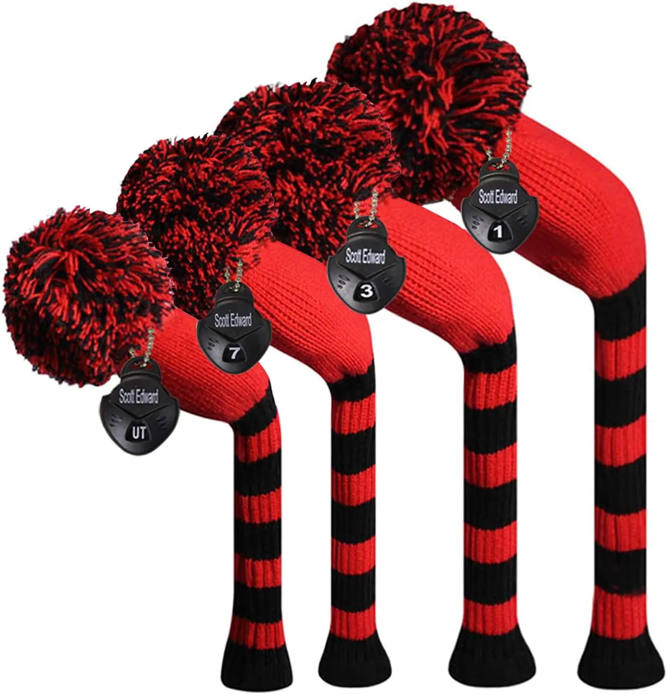 Scott Edward Golf Club Head Covers Set of 4, Acrylic Yarn Double-Layers Knitted, with Rotatable Number Tags