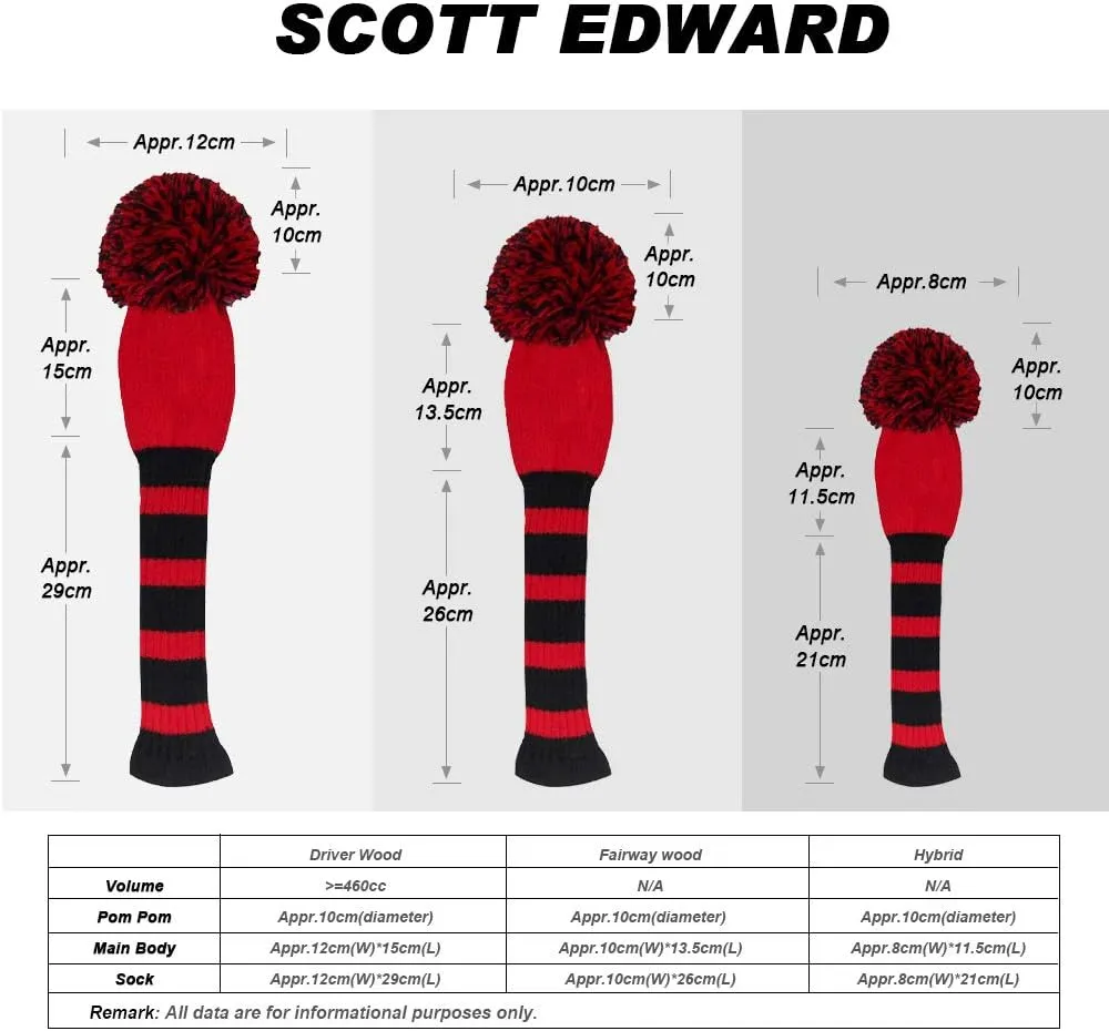Scott Edward Golf Club Head Covers Set of 4, Acrylic Yarn Double-Layers Knitted, with Rotatable Number Tags