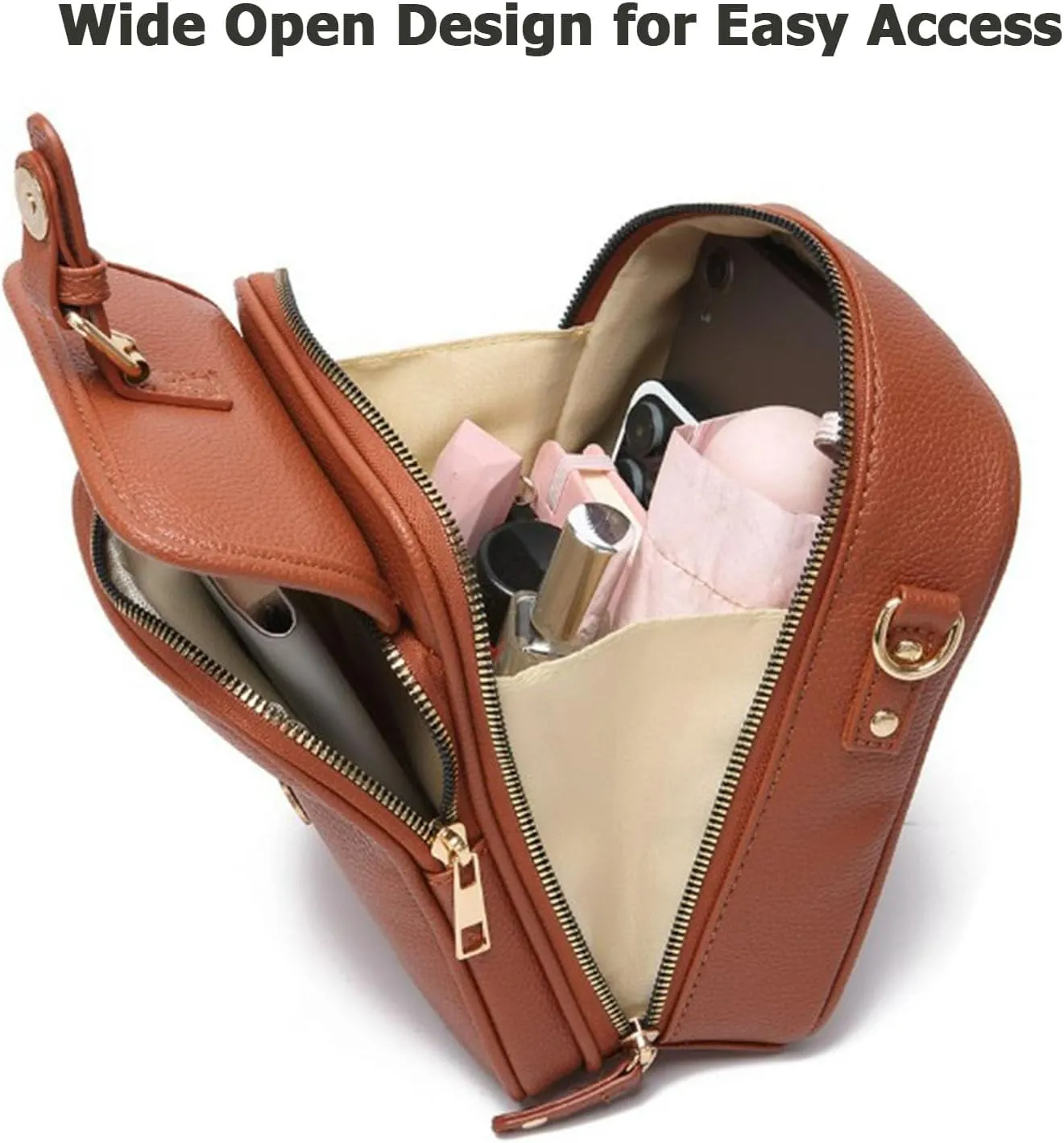 Sculptiure Crossbody Leather Bag, Double Layer Large Capacity Messenger Bag, Crossbody Leather Bag with Card Slots