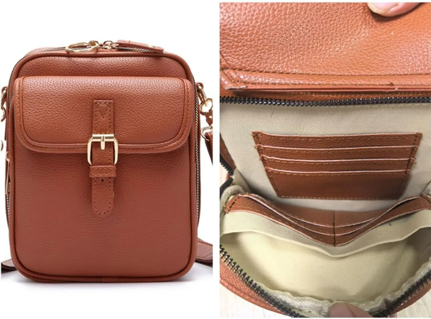 Sculptiure Crossbody Leather Bag, Double Layer Large Capacity Messenger Bag, Crossbody Leather Bag with Card Slots