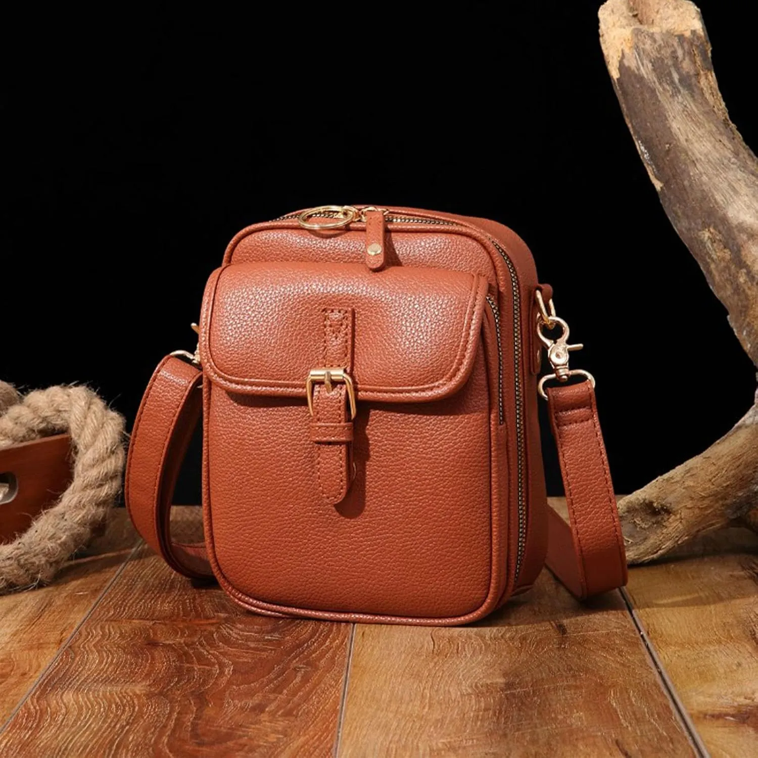Sculptiure Crossbody Leather Bag, Double Layer Large Capacity Messenger Bag, Crossbody Leather Bag with Card Slots