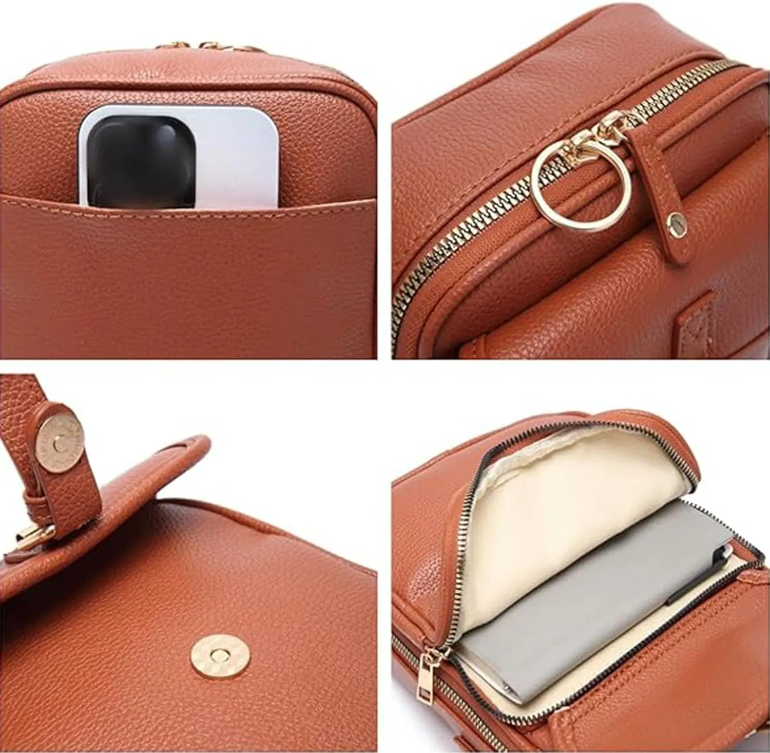 Sculptiure Crossbody Leather Bag, Double Layer Large Capacity Messenger Bag, Crossbody Leather Bag with Card Slots