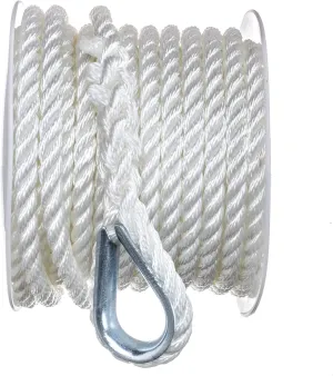 Seachoice Anchor Line Rope, 3-Strand Twisted, White, Nylon