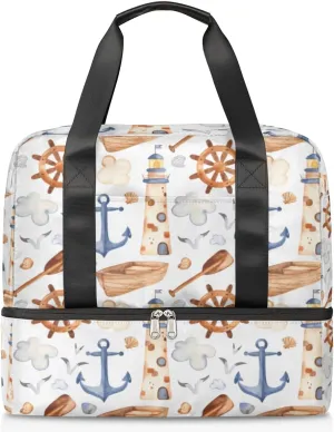Seagulls Anchor Lighthouse Travel Bag Double Tier Zip Closure Weekender Bag with Leather Handle Waterproof Sports Tote Gym Bag for Swim Beach Gym Yoga