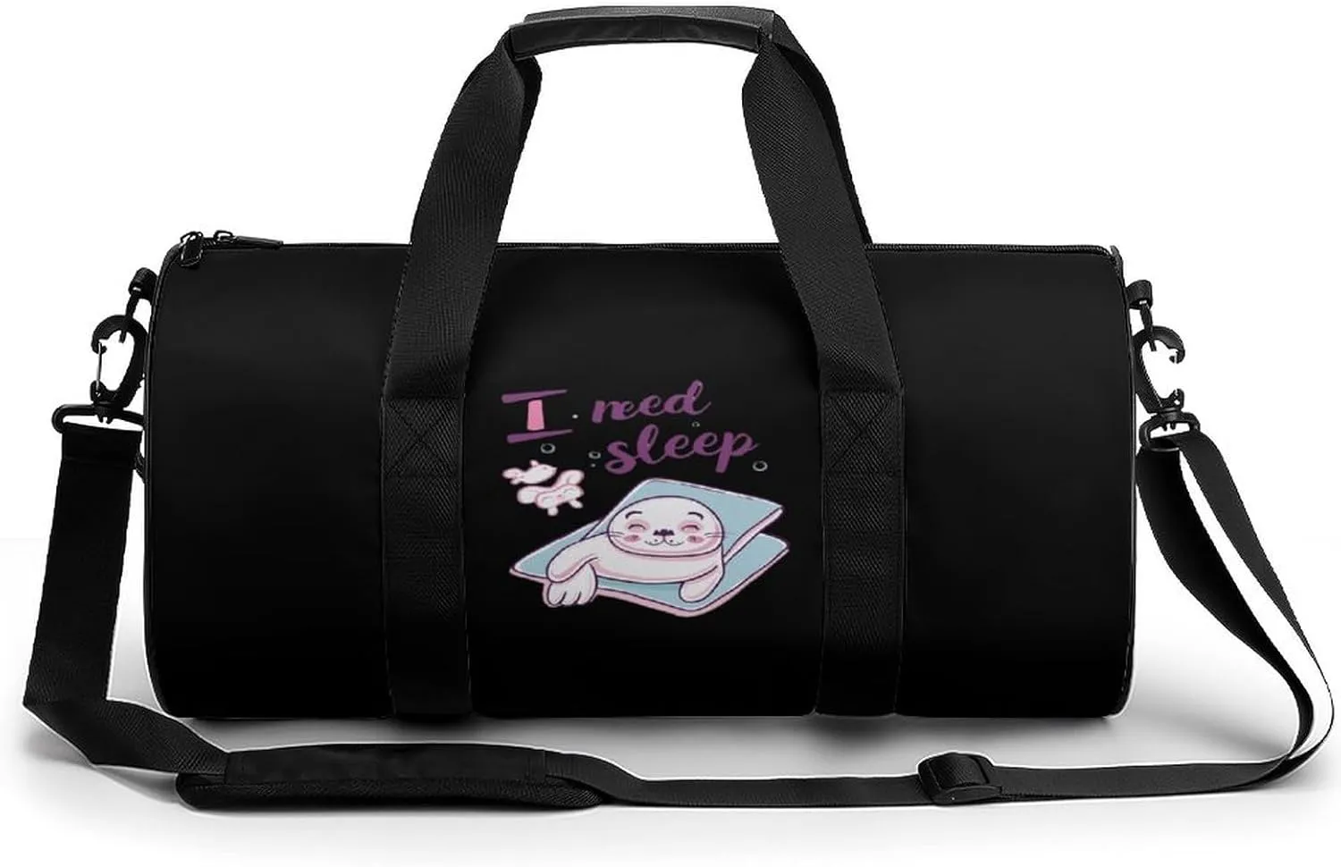 Seal I Need Sleep Gym Bag for Men Women Cylindrical Gym Duffle Bags Travel Sports Carryon Gymbag 17.7in/9in/9in
