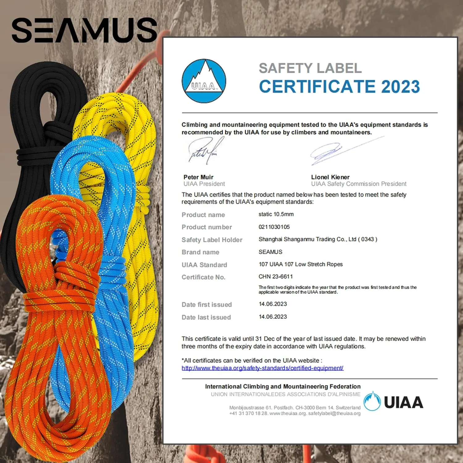 SEAMUS Static Rope 10.5mm UIAA Rappelling Rope 45M (150ft) Static Line Nylon Kern Mantle Rope for Rock Climbing, Mountain Tree Climbing, Hauling, Rescue