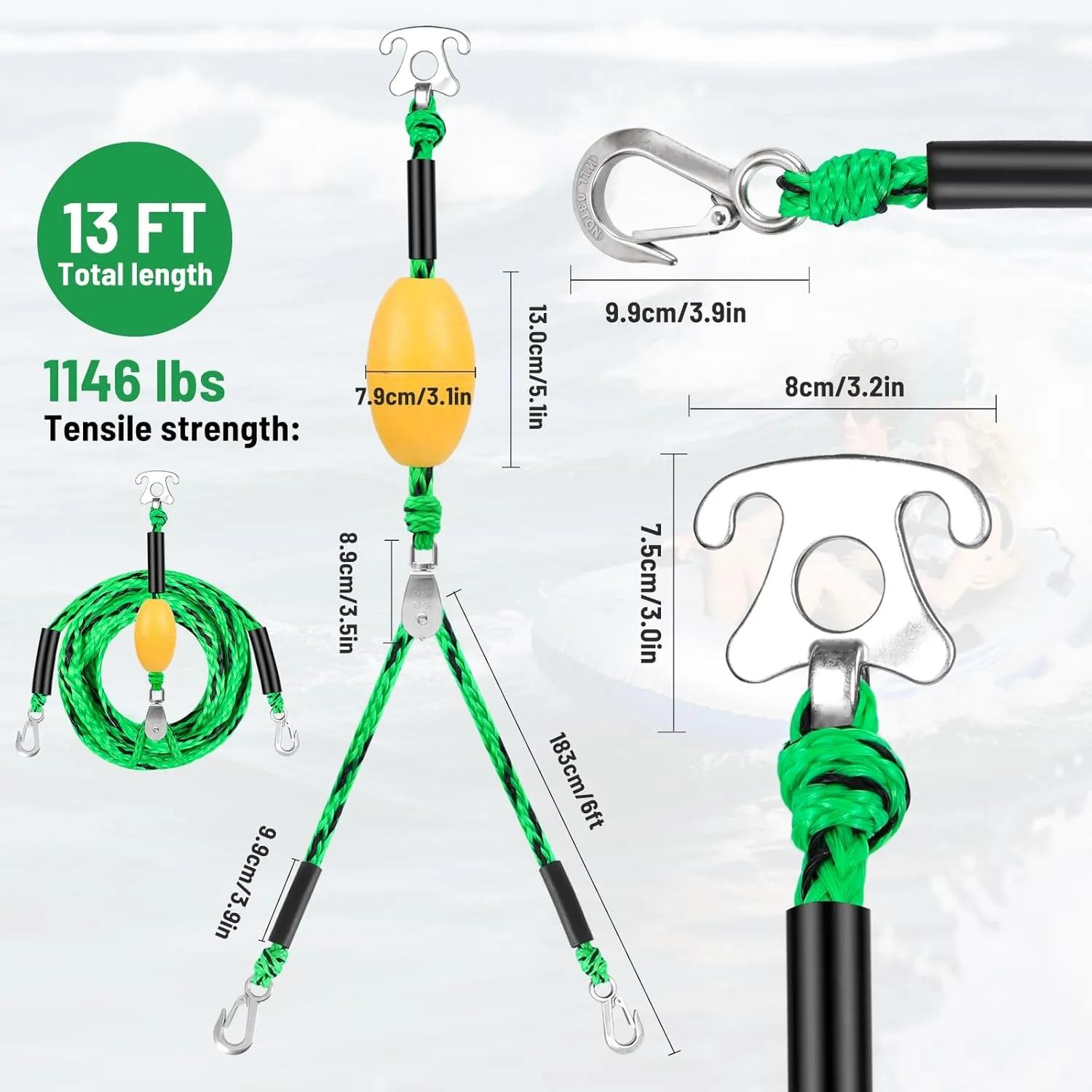 Self Centering Tow Harness for Watersports with Foat Ball, Heavy Duty Boat Tow Harness with Stainless Steel Quick Connector and Stainless Steel Rider