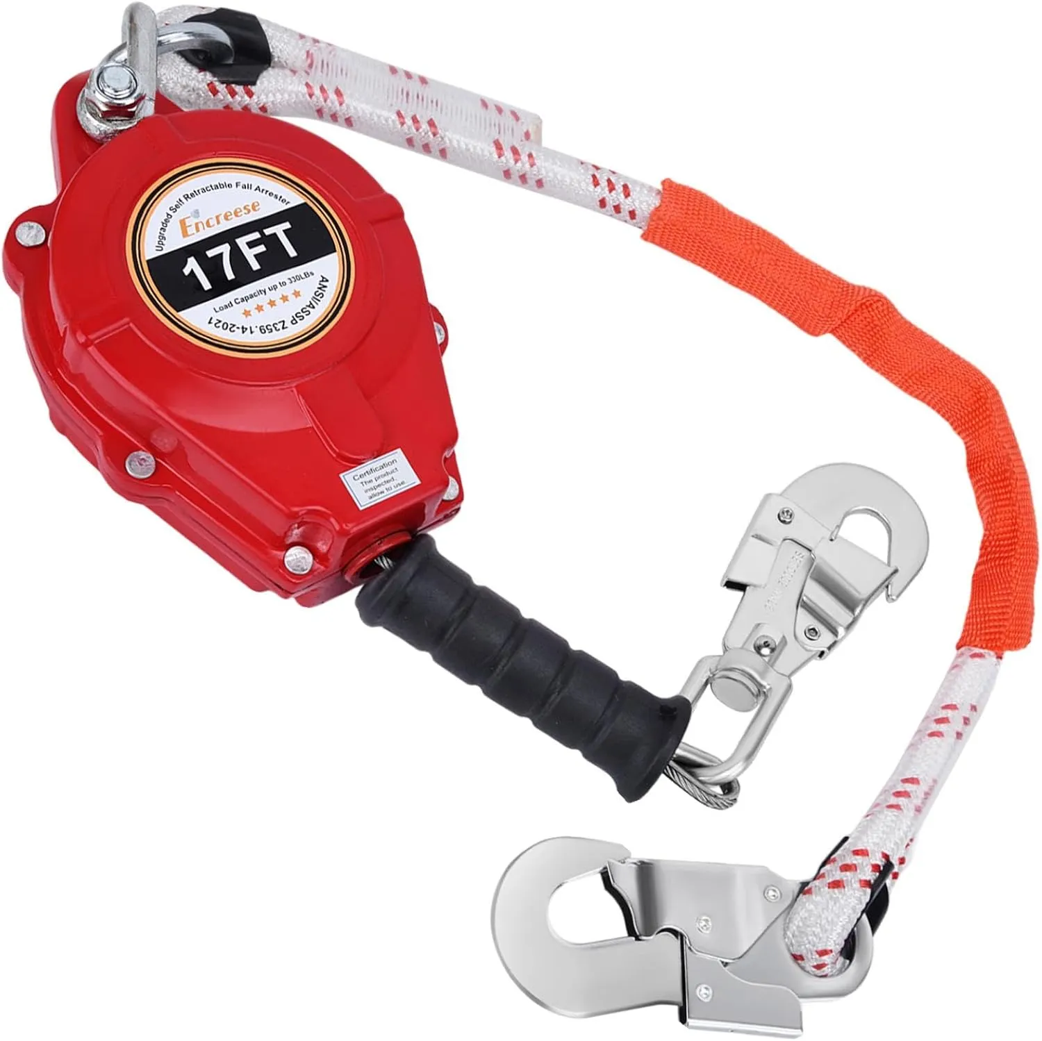 Self Retractable Fall Arrester 17FT UPGRADED Double Locking Falling Protector Gear, Lifeline Safety Lanyard Rope, Alloy Steel Heavy Duty Dynamic Rotation Hook Cable Wire Roofing Construction