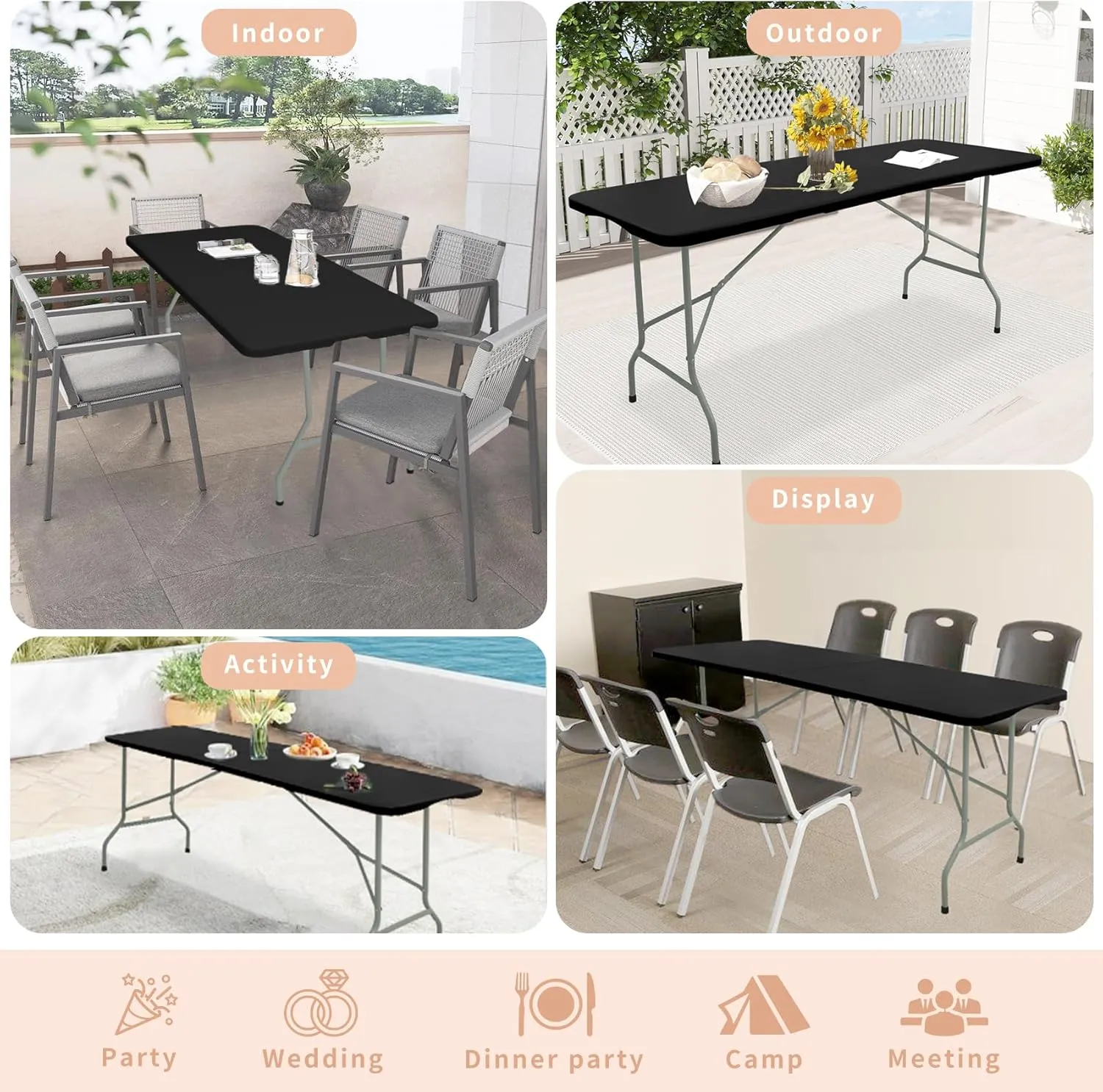 Set of 2 Folding Table 6 FT Camping Table Portable Heavy Duty Plastic Rectangular Outdoor Dining Table Steel Legs Fold-in-Half with Carrying Handle for Indoor,Picnic,Party,Wedding,Events(Black)