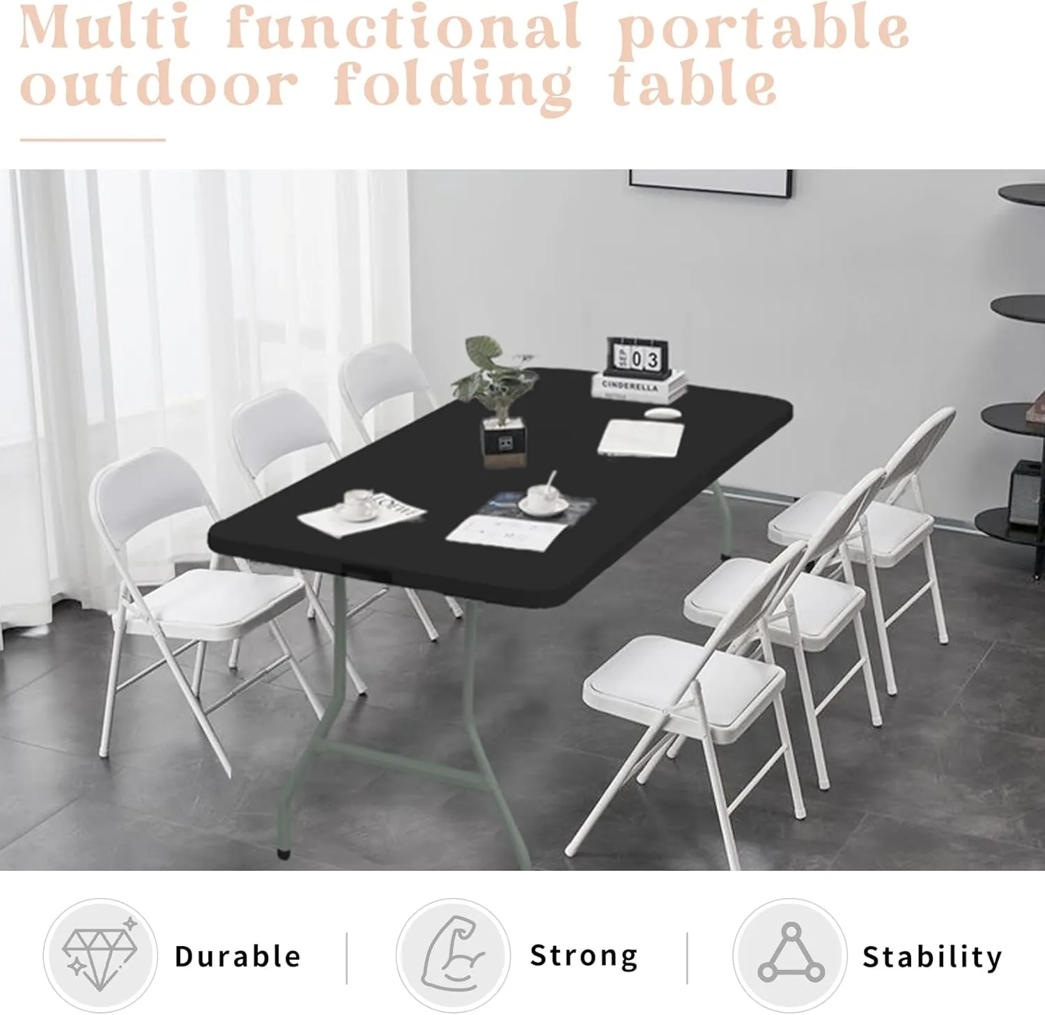 Set of 2 Folding Table 6 FT Camping Table Portable Heavy Duty Plastic Rectangular Outdoor Dining Table Steel Legs Fold-in-Half with Carrying Handle for Indoor,Picnic,Party,Wedding,Events(Black)