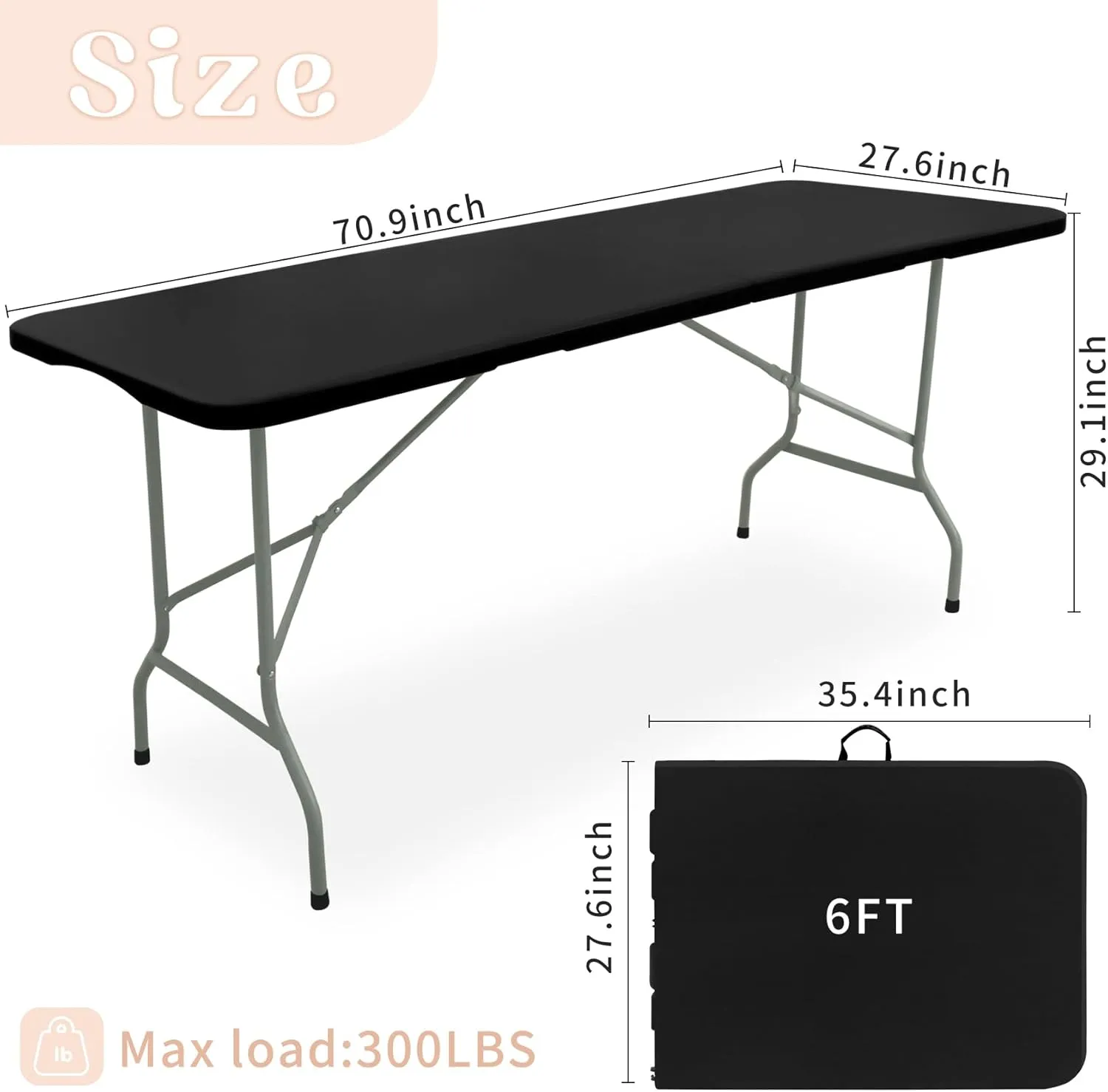 Set of 2 Folding Table 6 FT Camping Table Portable Heavy Duty Plastic Rectangular Outdoor Dining Table Steel Legs Fold-in-Half with Carrying Handle for Indoor,Picnic,Party,Wedding,Events(Black)