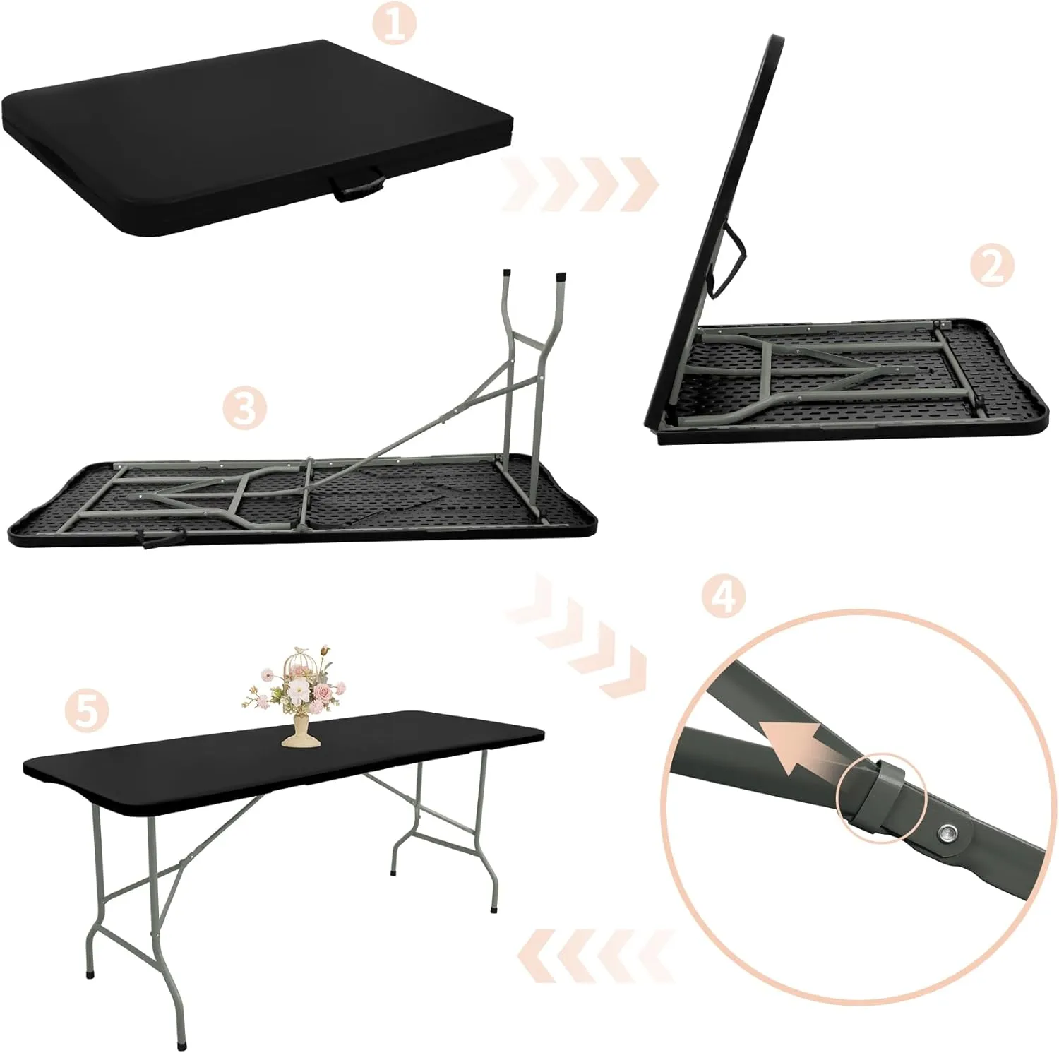 Set of 2 Folding Table 6 FT Camping Table Portable Heavy Duty Plastic Rectangular Outdoor Dining Table Steel Legs Fold-in-Half with Carrying Handle for Indoor,Picnic,Party,Wedding,Events(Black)