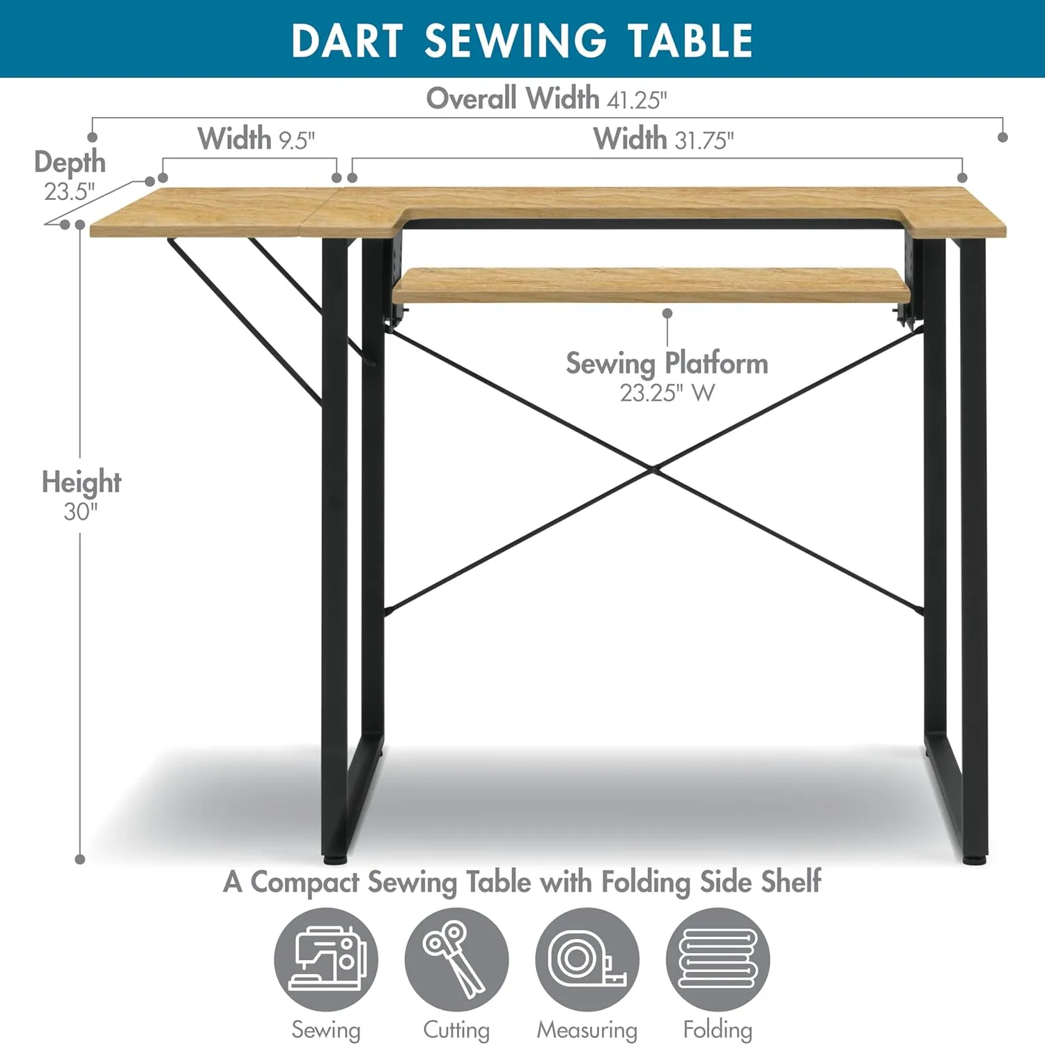 Sew Ready Dart Wood/Metal Multipurpose Machine Table Workstation Desk with Folding Top for Crafts, Sewing, Computers, Laptops, Games, Graphite/Ashwood, 41W