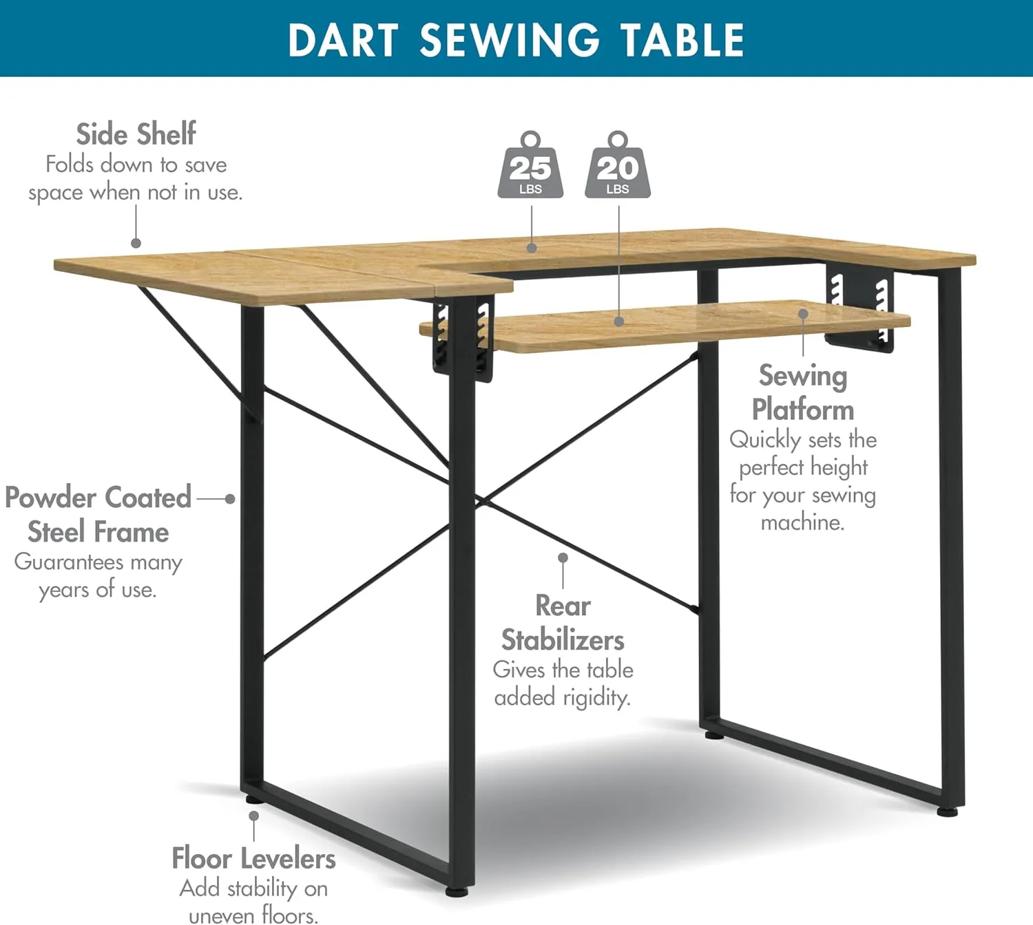 Sew Ready Dart Wood/Metal Multipurpose Machine Table Workstation Desk with Folding Top for Crafts, Sewing, Computers, Laptops, Games, Graphite/Ashwood, 41W