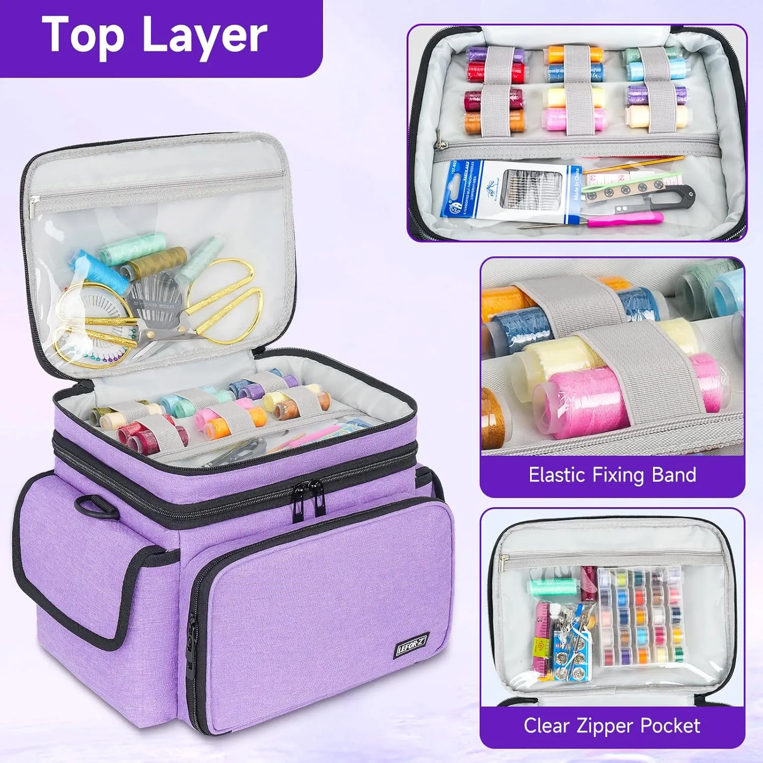 Sewing Supplies Organizer Storage Bag,Double-Layer Protable Travel Sewing Basket for Sew Accessories & Tools,Purple(Bag Only)